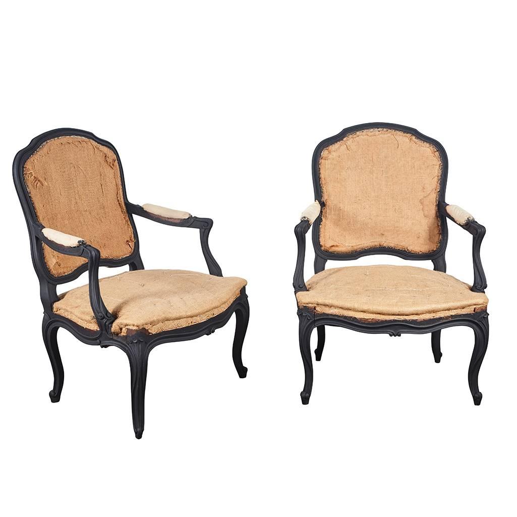 Louis XV Style Matt Black Pair of Chairs For Sale