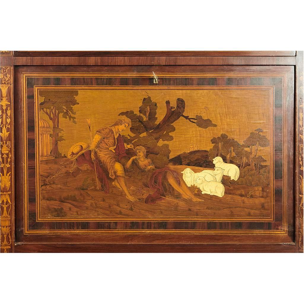 Mirror Italian Marquetry Cabinet with Fall Front Bar For Sale