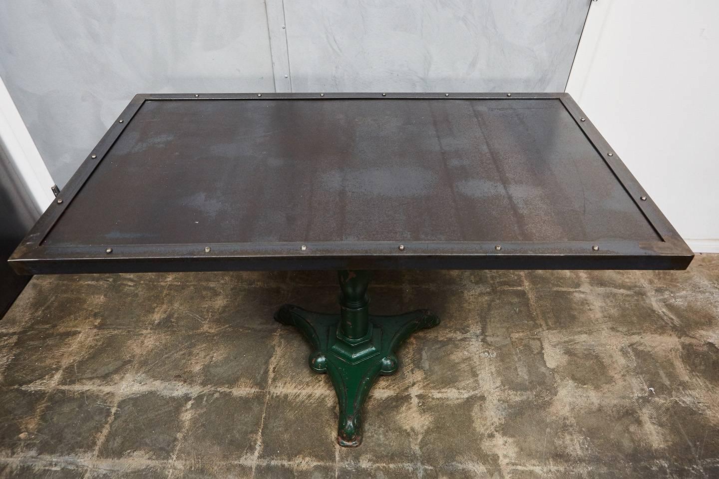 Industrial Metal Table with Antique Base For Sale