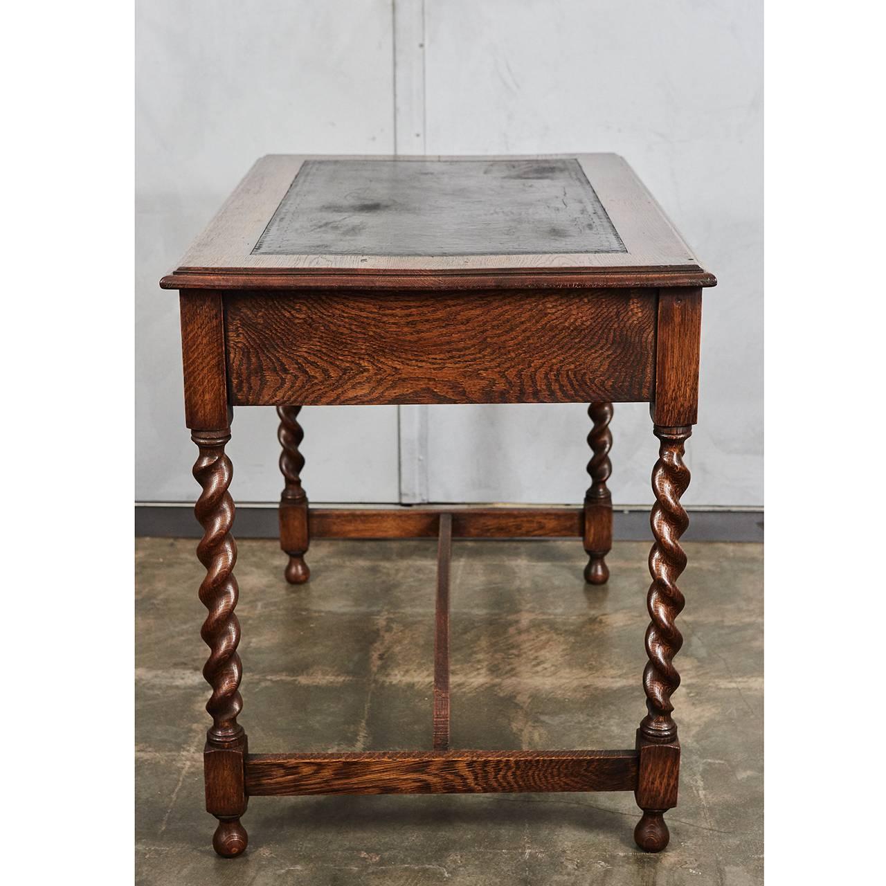 20th Century English Oak Writing Table or Desk with Leather Top