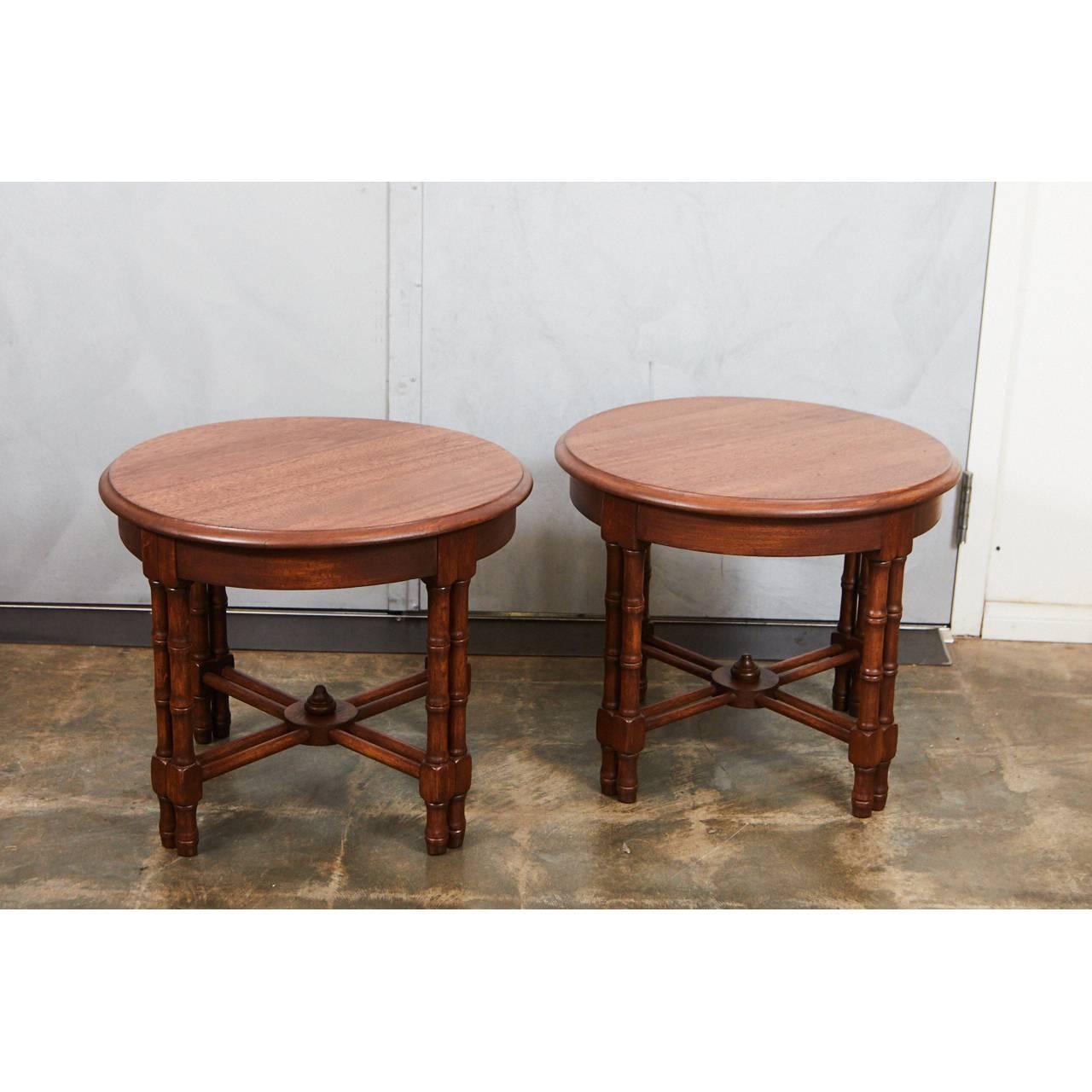 These beautiful walnut side tables are of a good size and shape for multiple uses. They have simple, modern design details that are a variation on the faux bamboo techniques of earlier periods.

