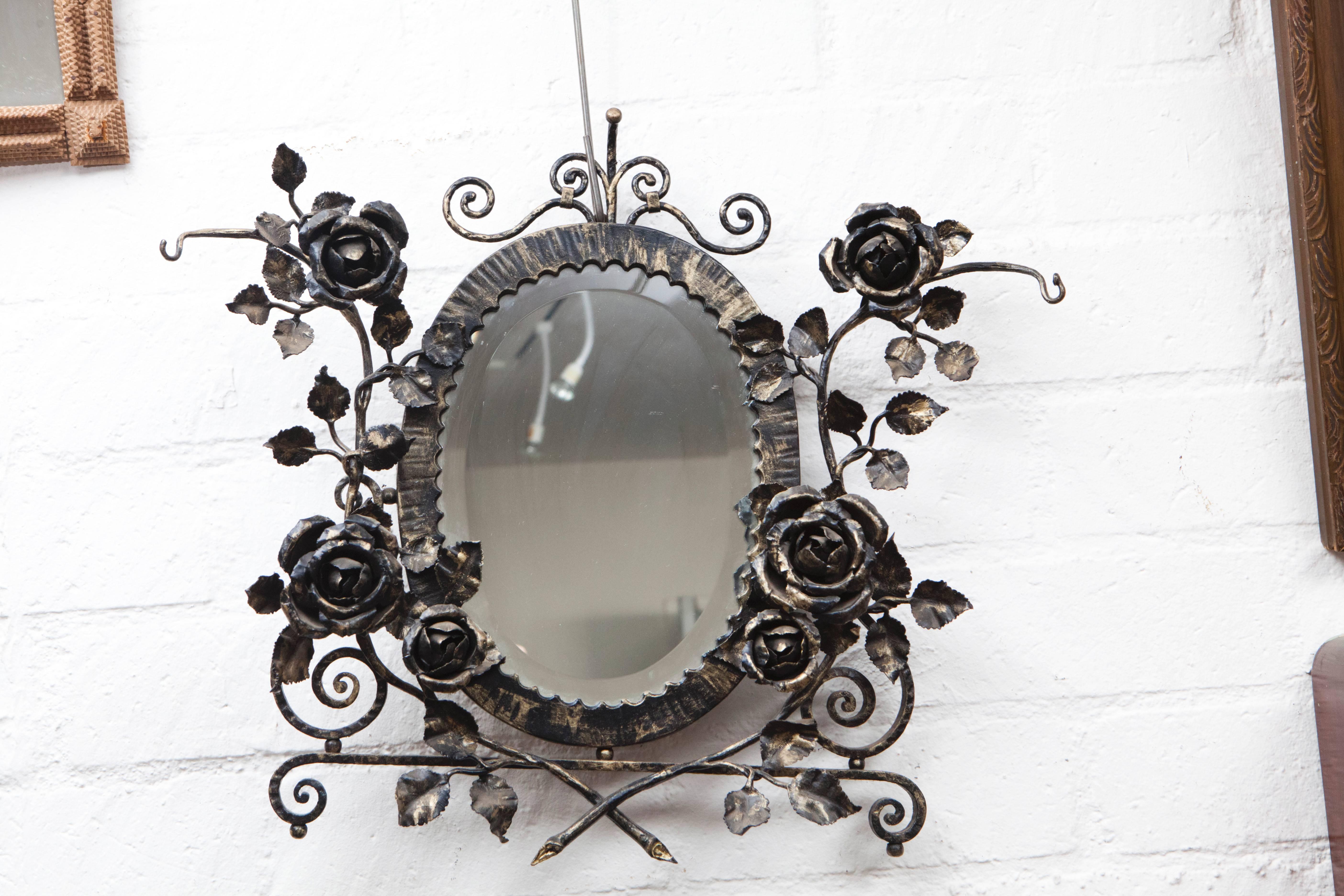 French Art Deco Wrought Iron Floral Wall Mirror In Good Condition In Culver City, CA
