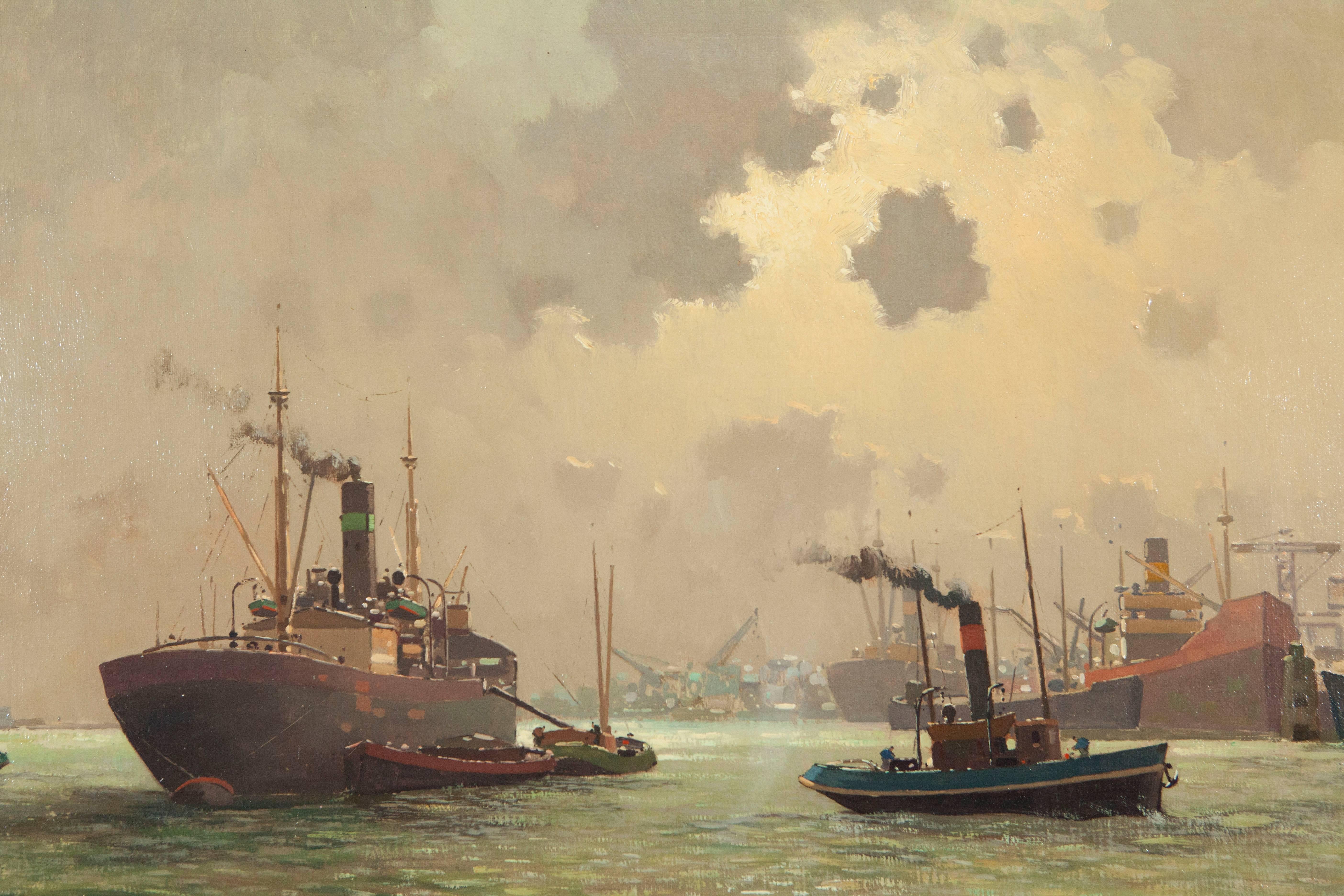 Scandinavian Dutch Harbour Painting by Jan Knikker Jr For Sale