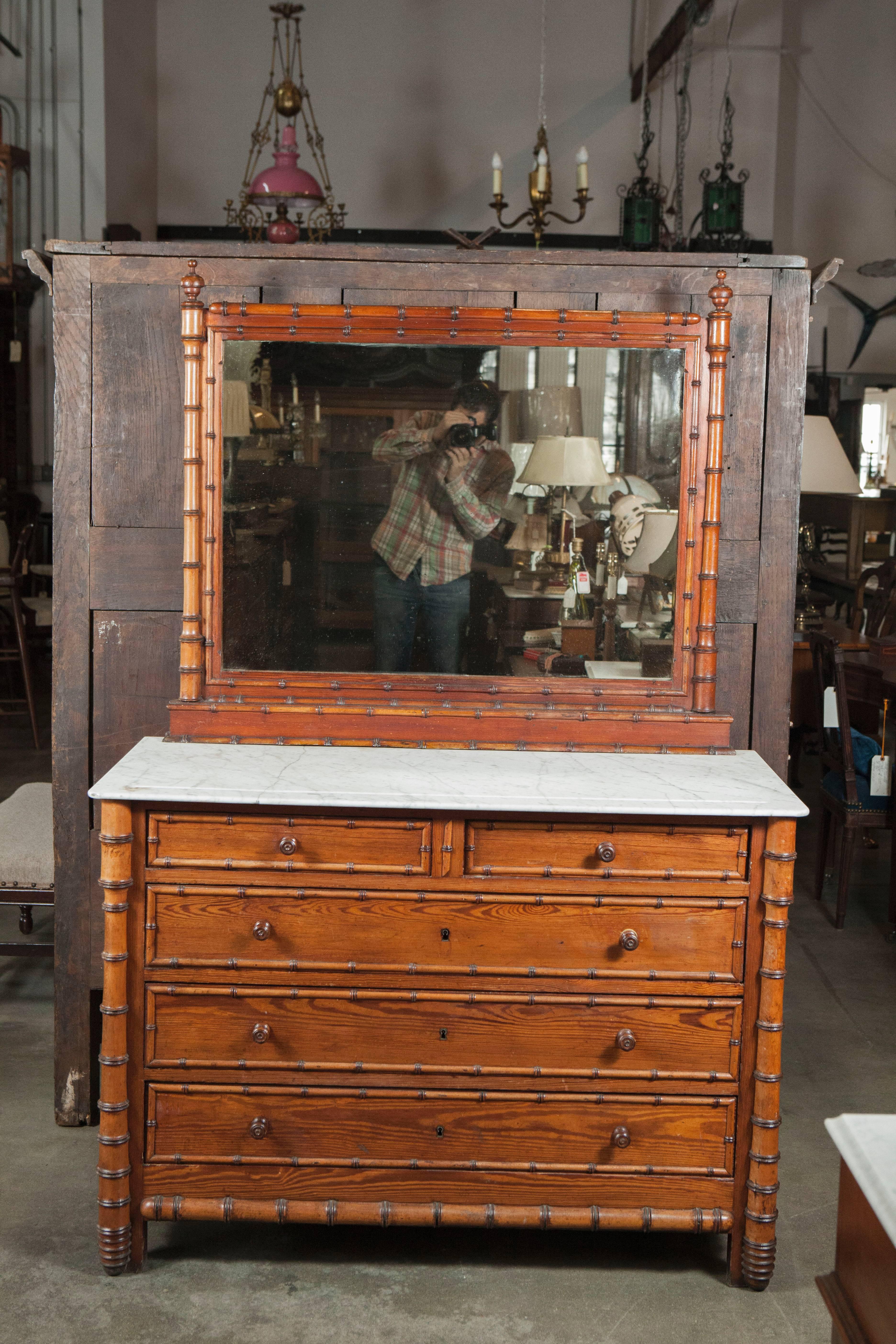 19th Century French Faux Bamboo Chest of Drawers with Marble Top 1