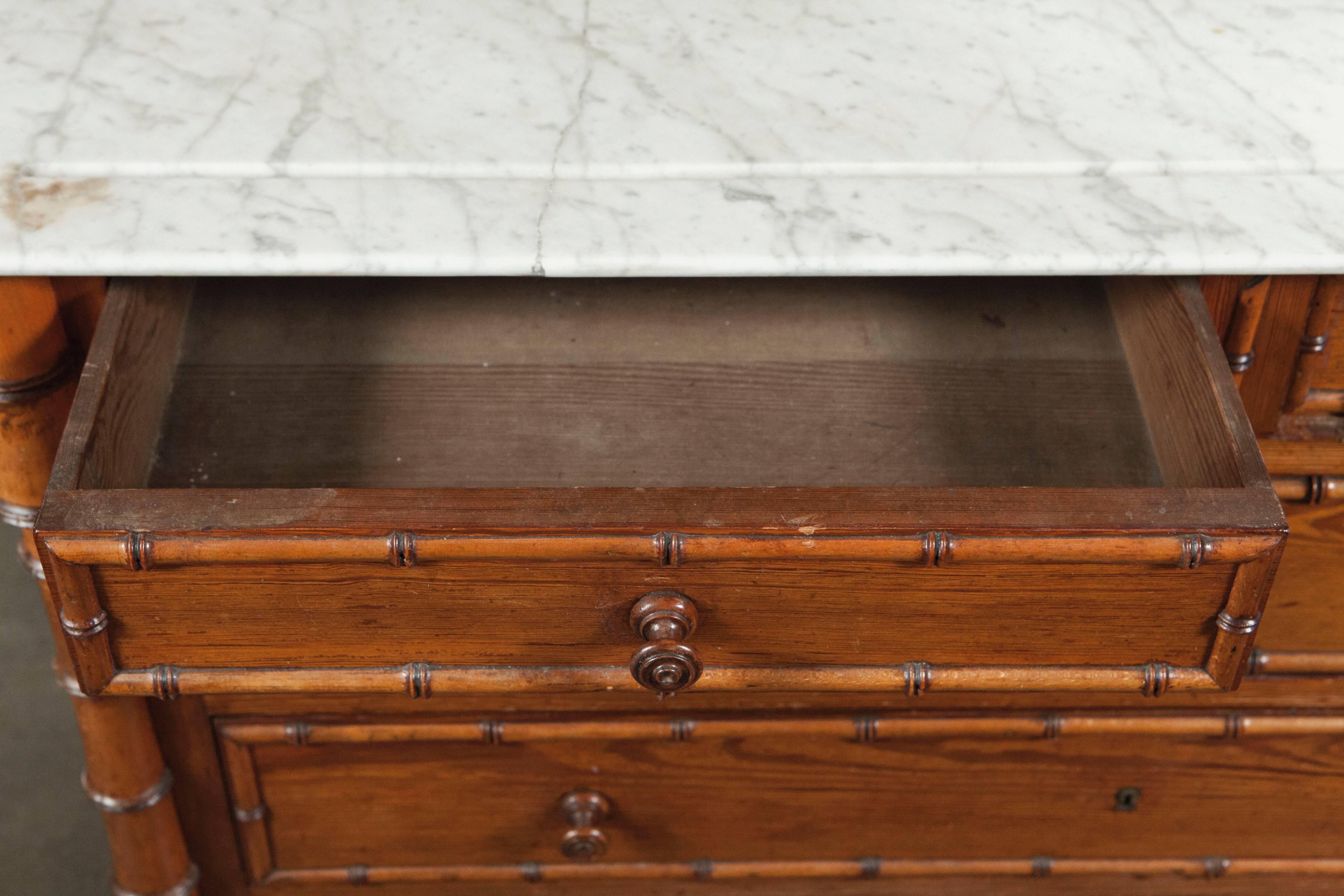 Brass 19th Century French Faux Bamboo Chest of Drawers with Marble Top