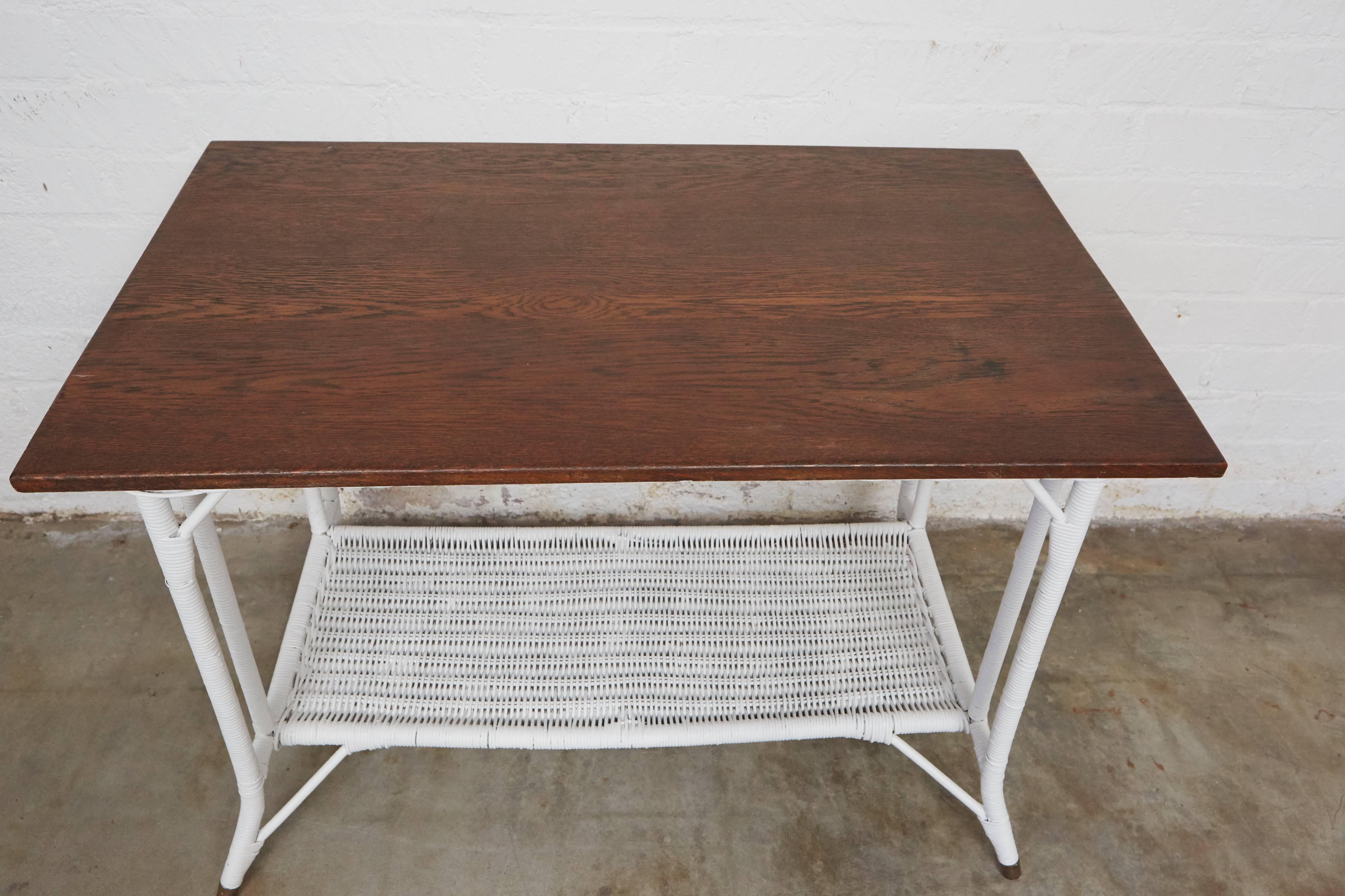Art Deco 1920s Wicker Table with Oak Top For Sale