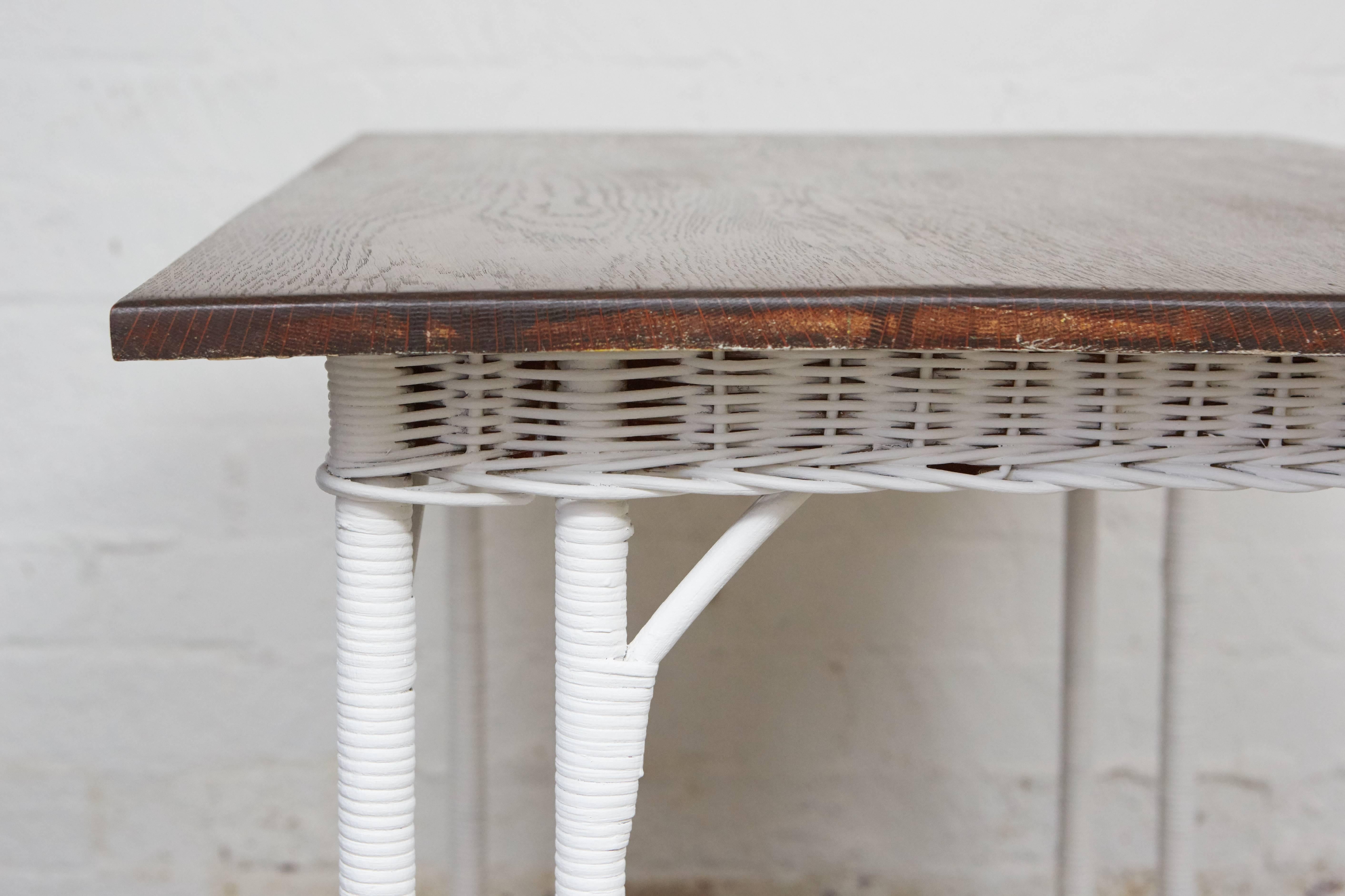 American 1920s Wicker Table with Oak Top For Sale