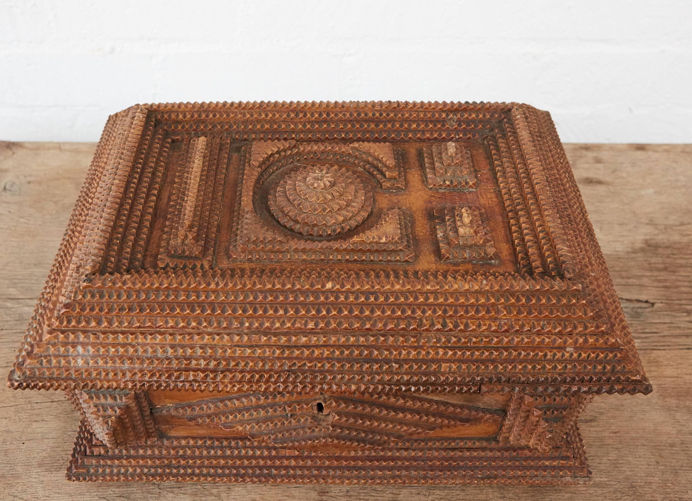 Hand-Carved Large Tramp Art Box For Sale