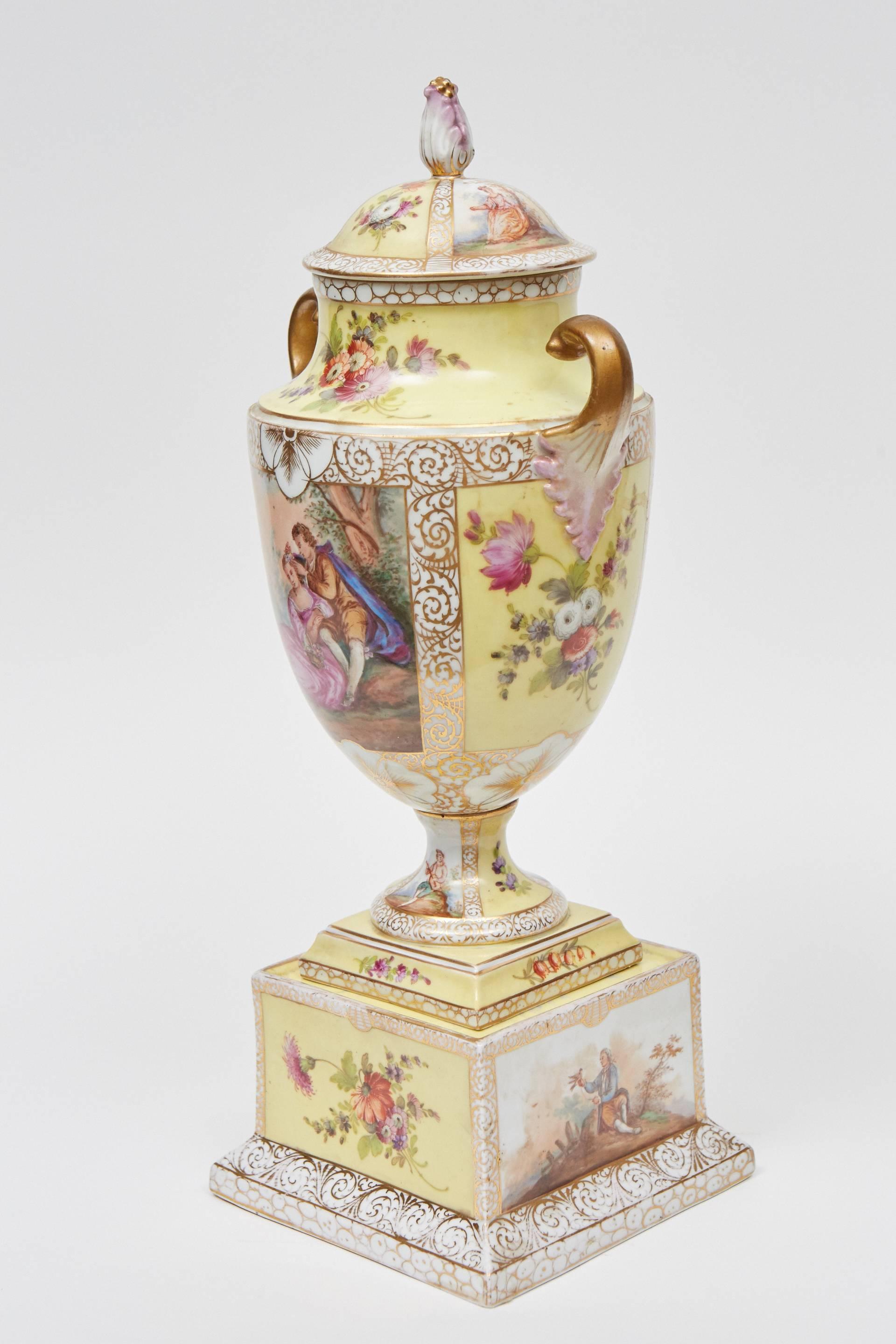 Hand-Painted Dresden Lidded Urn on Plinth For Sale