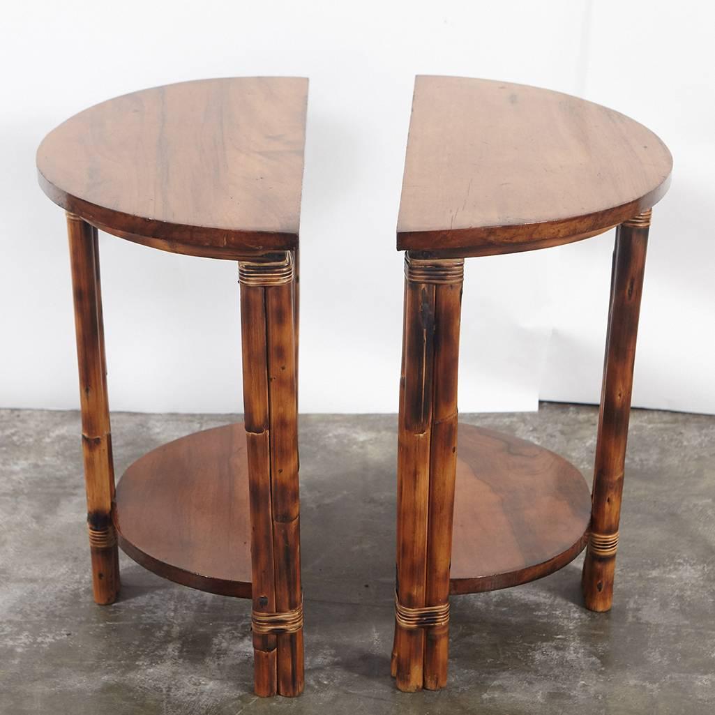 American Pair of Walnut and Rattan Demilune Tables