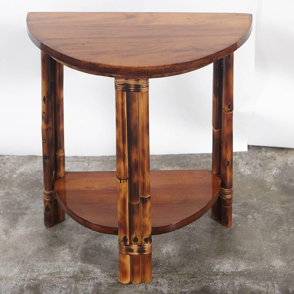 Pair of Walnut and Rattan Demilune Tables In Good Condition In Culver City, CA