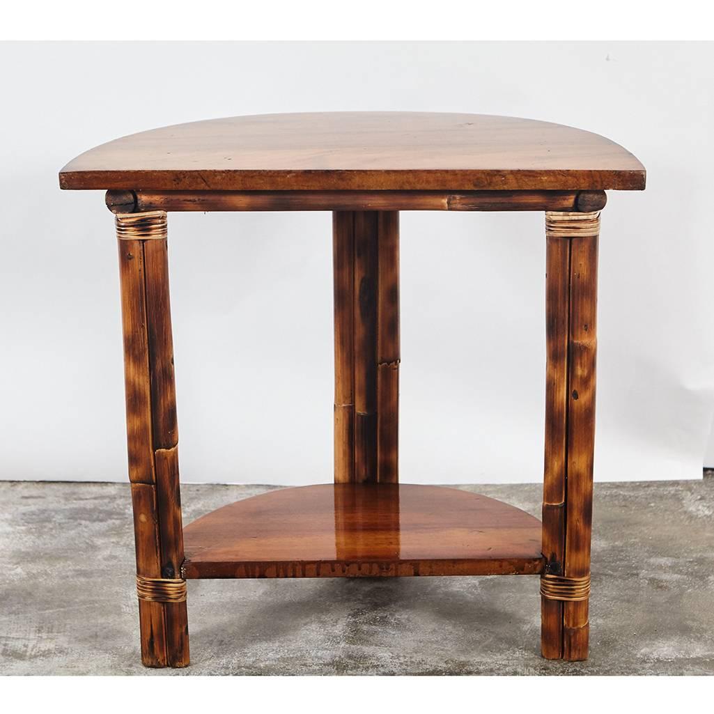 Pair of Walnut and Rattan Demilune Tables 1