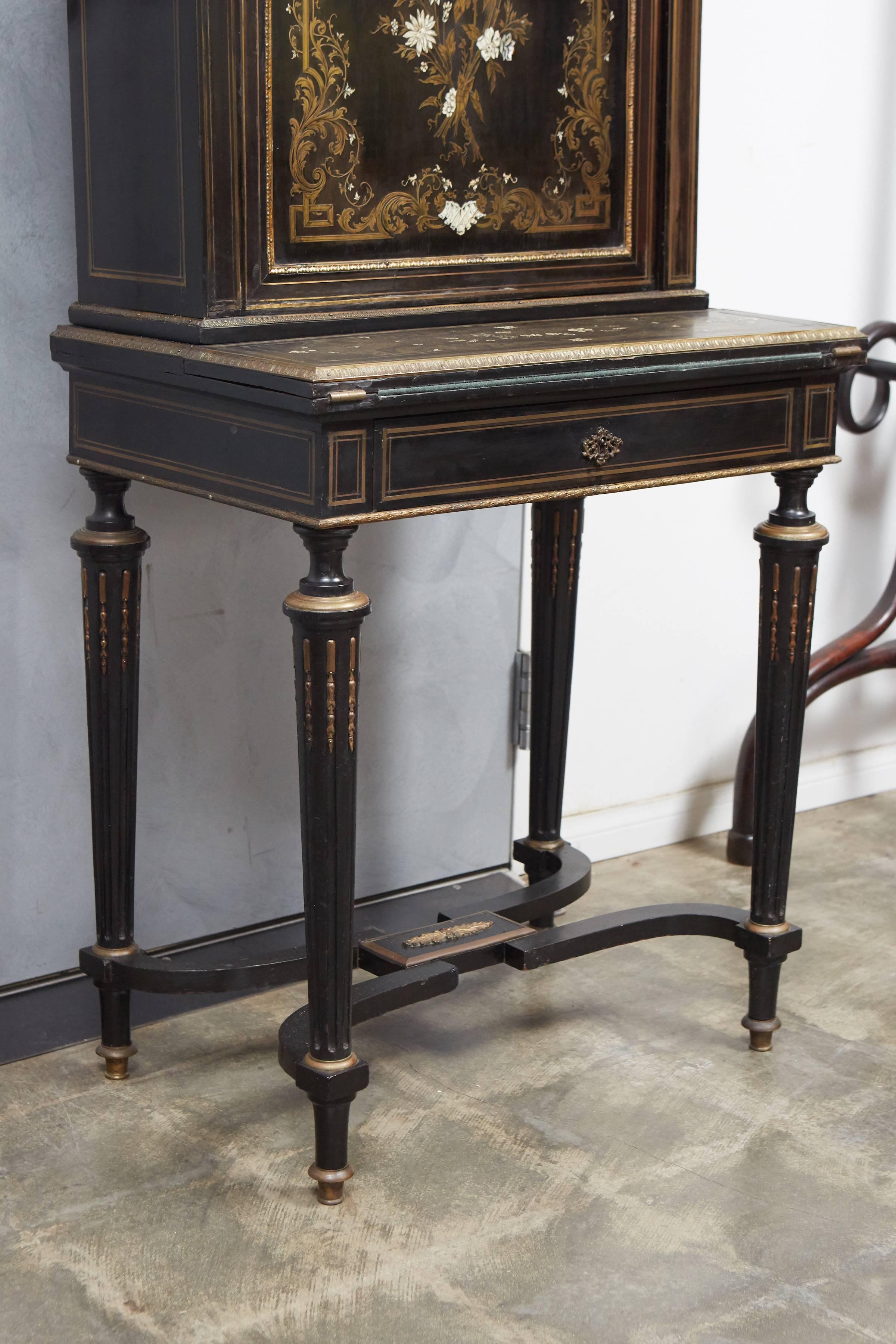 19th Century Napoleon III Louis XV Revival Ormolu Mounted Ebonized Bonheur Du Jour For Sale