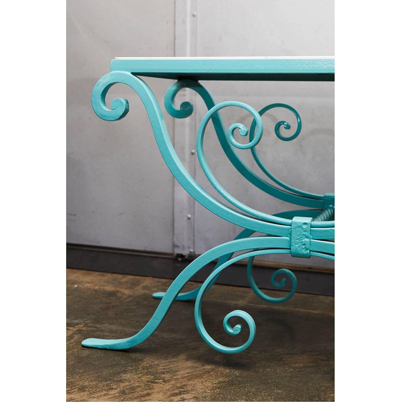English Small Powder coated Wrought Iron Table with Marble Top For Sale