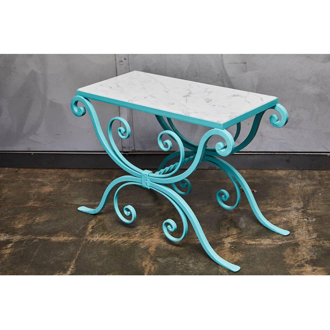 Powder-Coated Small Powder coated Wrought Iron Table with Marble Top For Sale