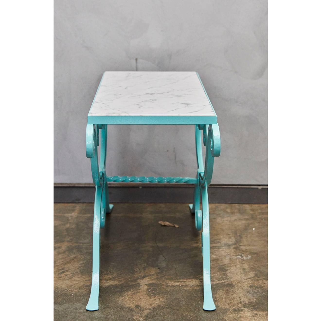 Small Powder coated Wrought Iron Table with Marble Top In Good Condition For Sale In Culver City, CA