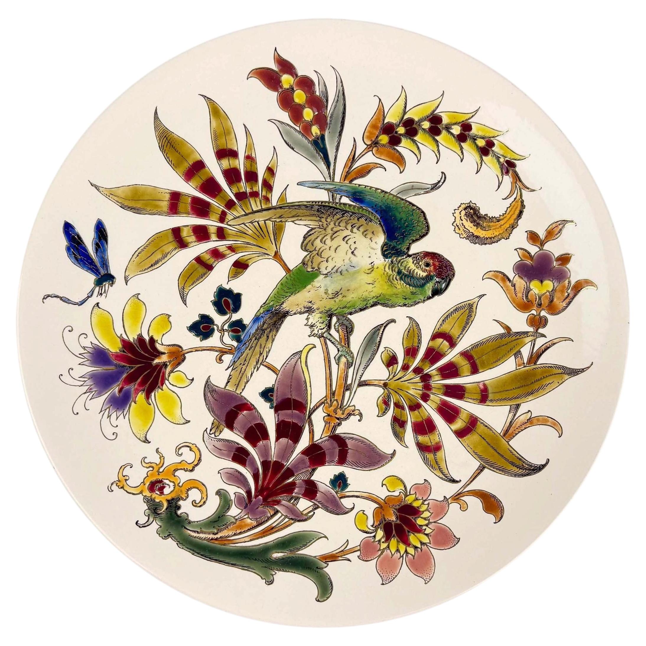 Large Zsolnay Pécs Parrot Wall Plate with Gilt Decoration, Hungary For Sale