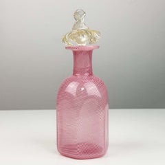 Frasco de perfume vintage de Murano, rosa, con filigrana «Mezza» y tapón de aventurina