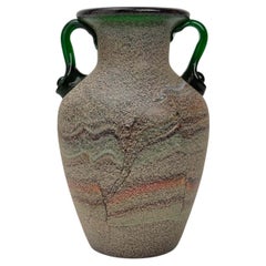 Murano Scavo Art Glass Vase with Green Handles, Attributed to Seguso