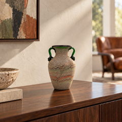 Murano Scavo Art Glass Vase with Green Handles, Attributed to Seguso