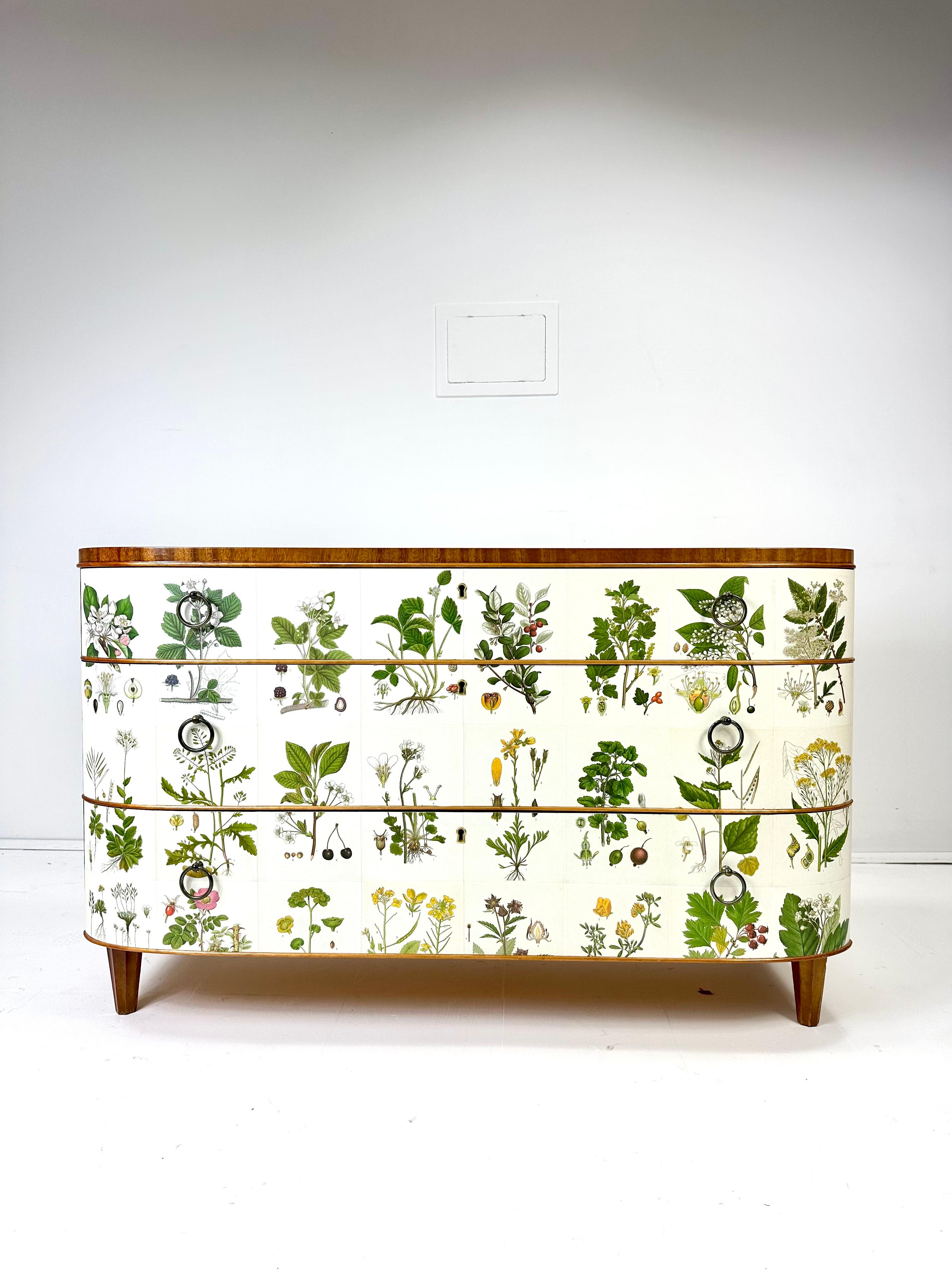 Cassettone svedese del 1940 a fronte curvo, successivamente tappezzato con illustrazioni di C.A. Lindman libro Nordens Flora. Elegante comò curvo con dettagli in Wood sui frontali dei cassetti.

Il comò è composto da 3 cassetti. Il cassetto