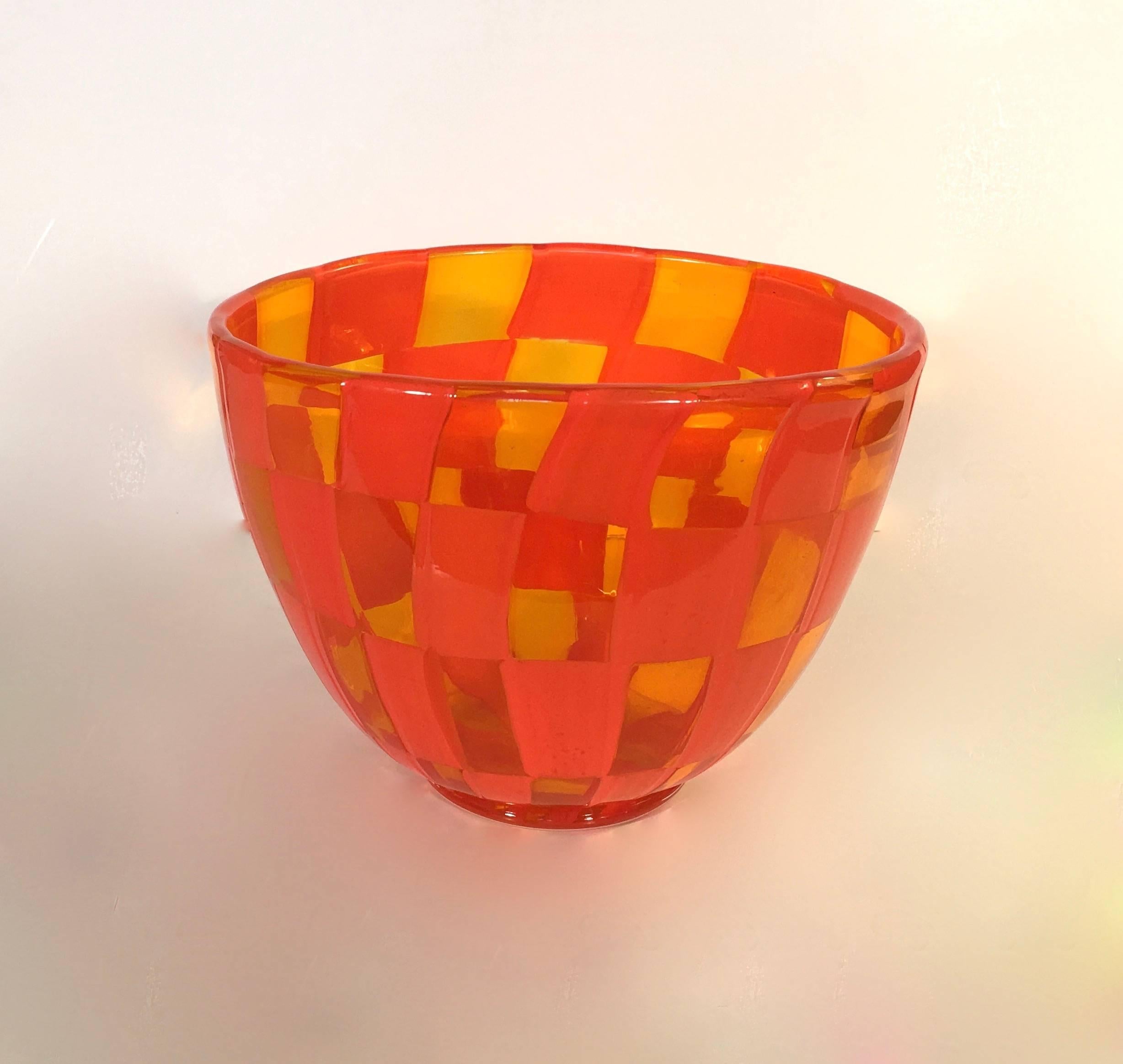 Italian Barovier and Toso Amber Glass Bowl with Orange Patchwork For Sale