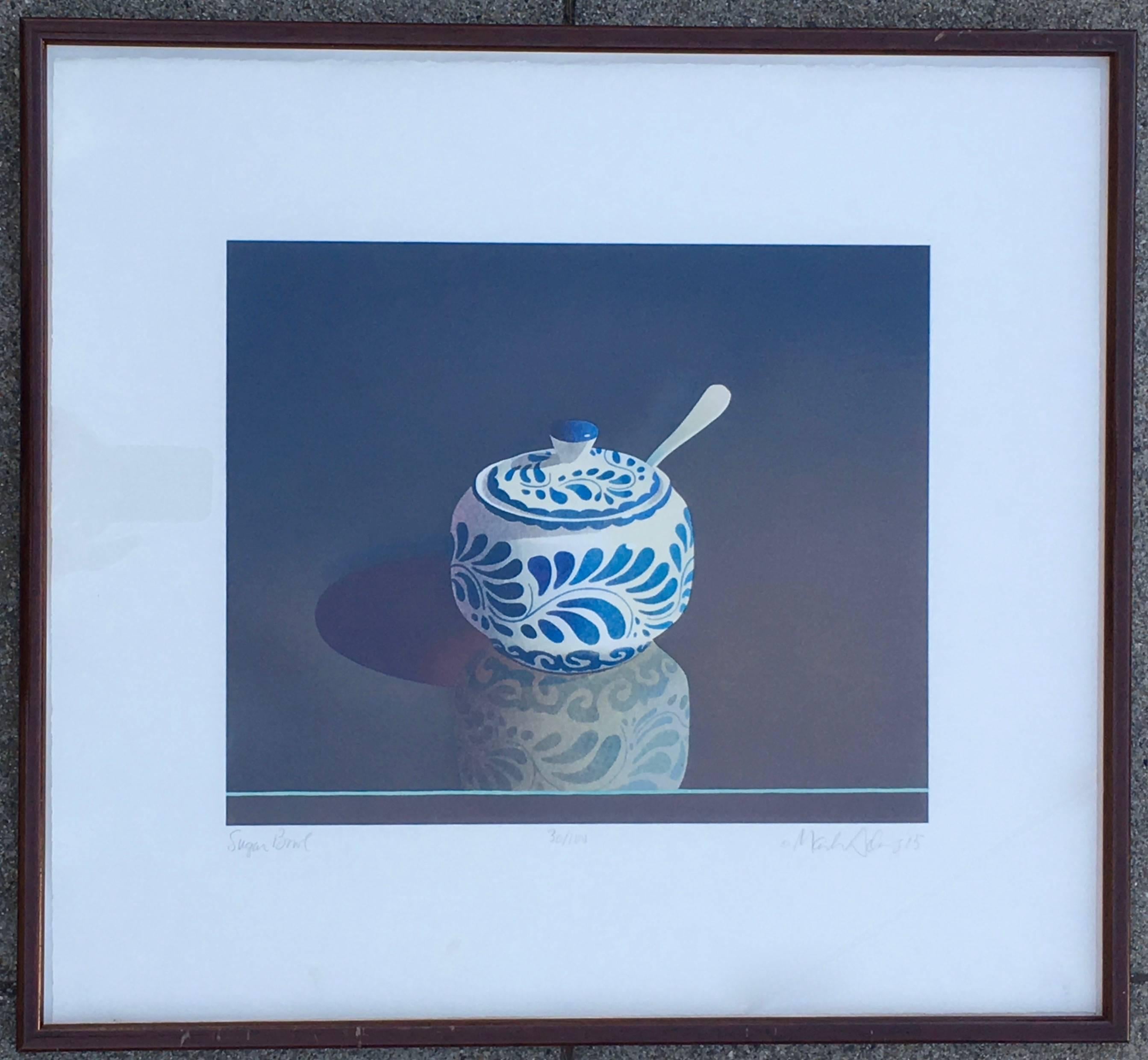 Mark Adams.
Sugar cup,
1985.
Lithograph on paper.
13 x 15 3/4 (plus frame)
Signed, titled, and dated in lower margin.
Excellent condition.
Archivally framed.

Mark Adams (1925-2006) began his career in the 1950s making stained glass and