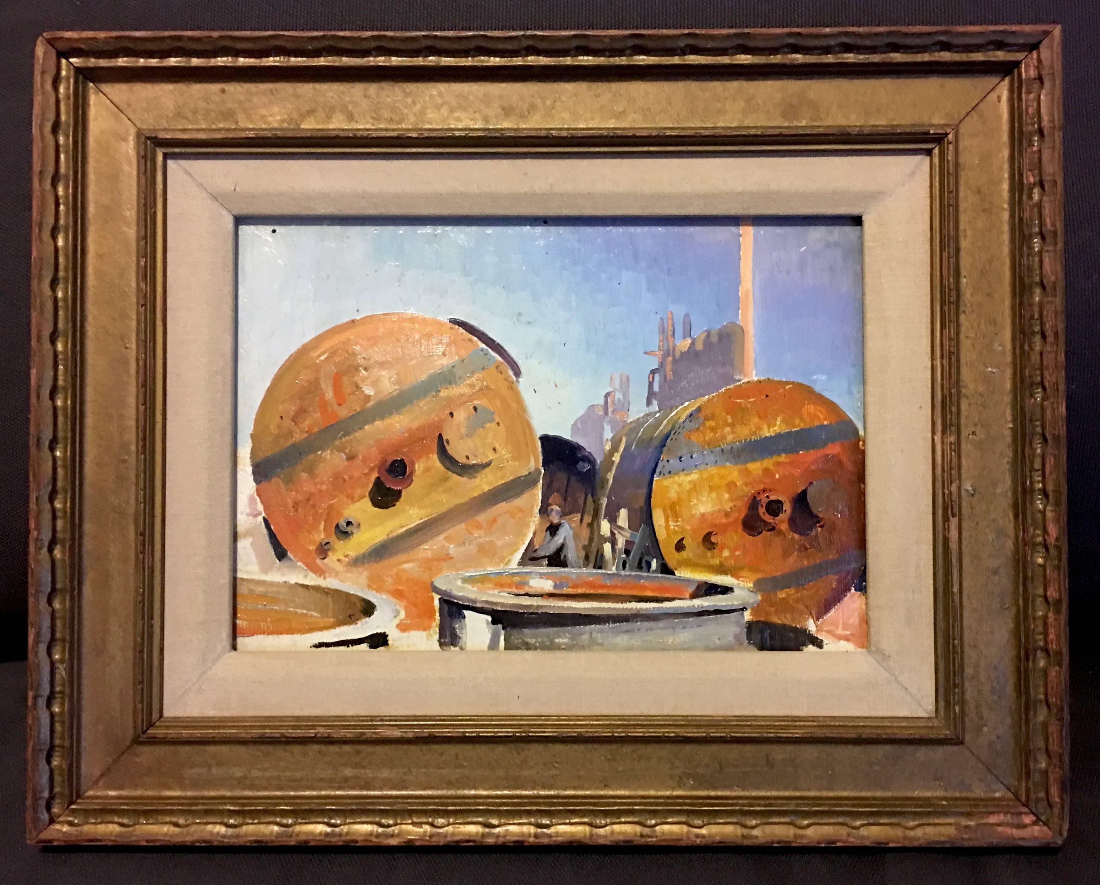 Nikolai Georgievich Kotov (attributed).
Untitled factory scene,
1936.
Oil on carboard.
6 1/4 x 9 inches (plus frame).
Stamped CCCP and unknown text in cyrillic,
inscribed in pencil 1936.
Framed.
Excellent condition.

Nikolai Georgievich