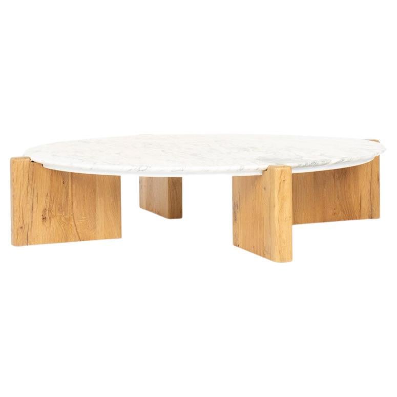 Round Coffee Table with Calacatta Marble Top and Handmade Oak Base, France 1970s For Sale