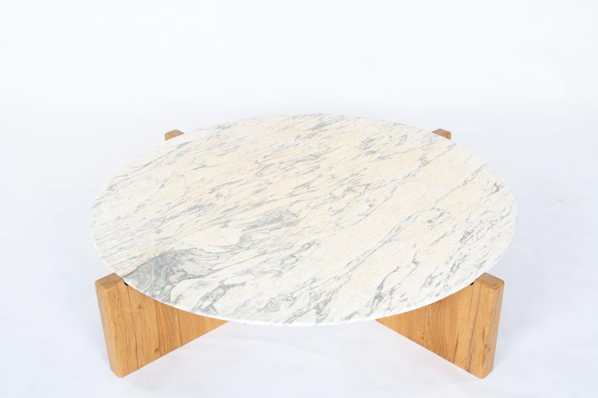 Round Coffee Table with Calacatta Marble Top and Handmade Oak Base, France 1970s In Good Condition For Sale In JASSANS-RIOTTIER, FR