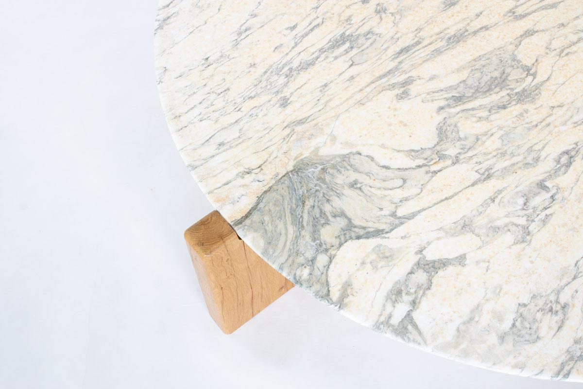 20th Century Round Coffee Table with Calacatta Marble Top and Handmade Oak Base, France 1970s For Sale