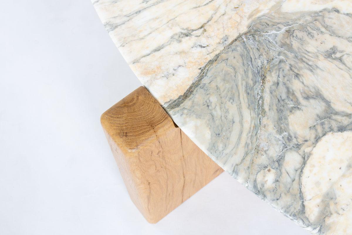 Round Coffee Table with Calacatta Marble Top and Handmade Oak Base, France 1970s For Sale 3