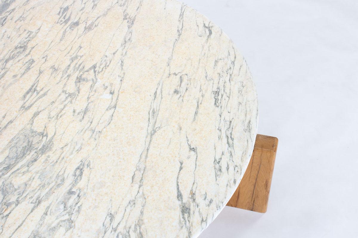 Round Coffee Table with Calacatta Marble Top and Handmade Oak Base, France 1970s For Sale 1