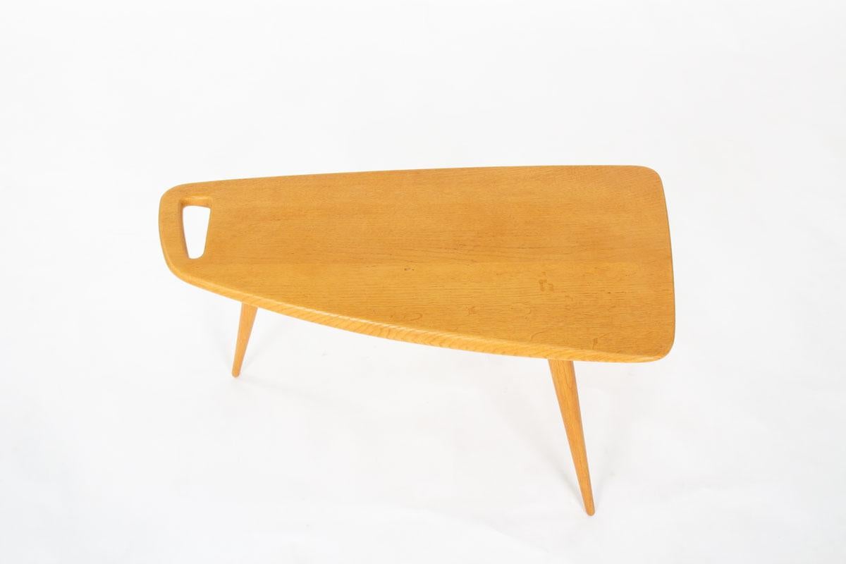 Pierre Cruege Model 44 Tripod Coffee Table in Solid Oak, France, 1950s For Sale 1