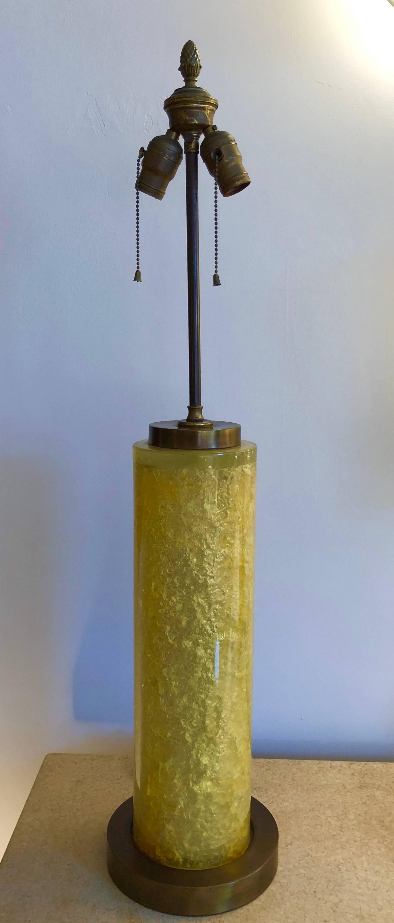 Yellow fractal resin lamp with architectural bronze stand and mounts and double cluster socket. Resin 1s 18
