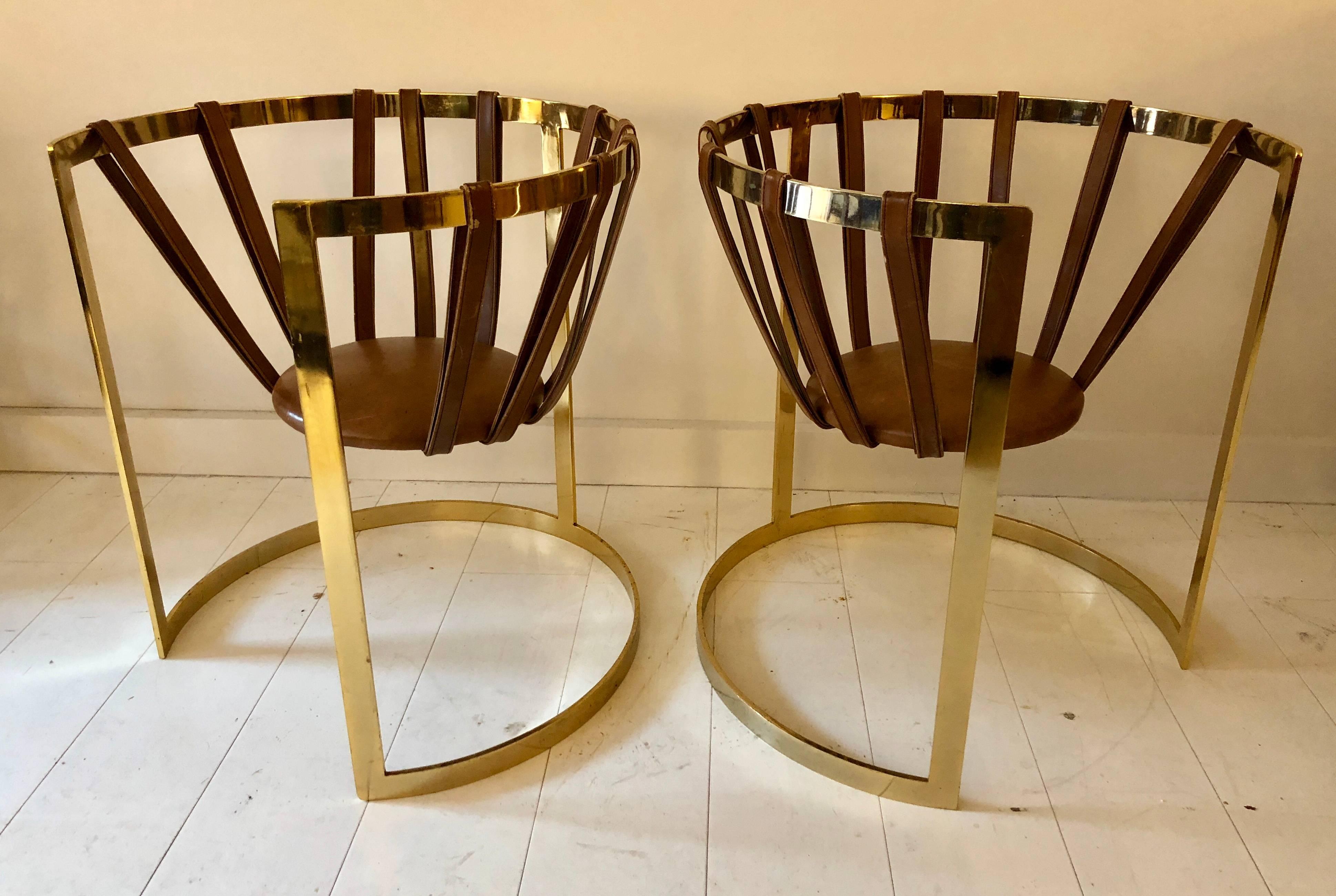 Mid-Century Modern Pair of Brass and Leather Sling Chairs