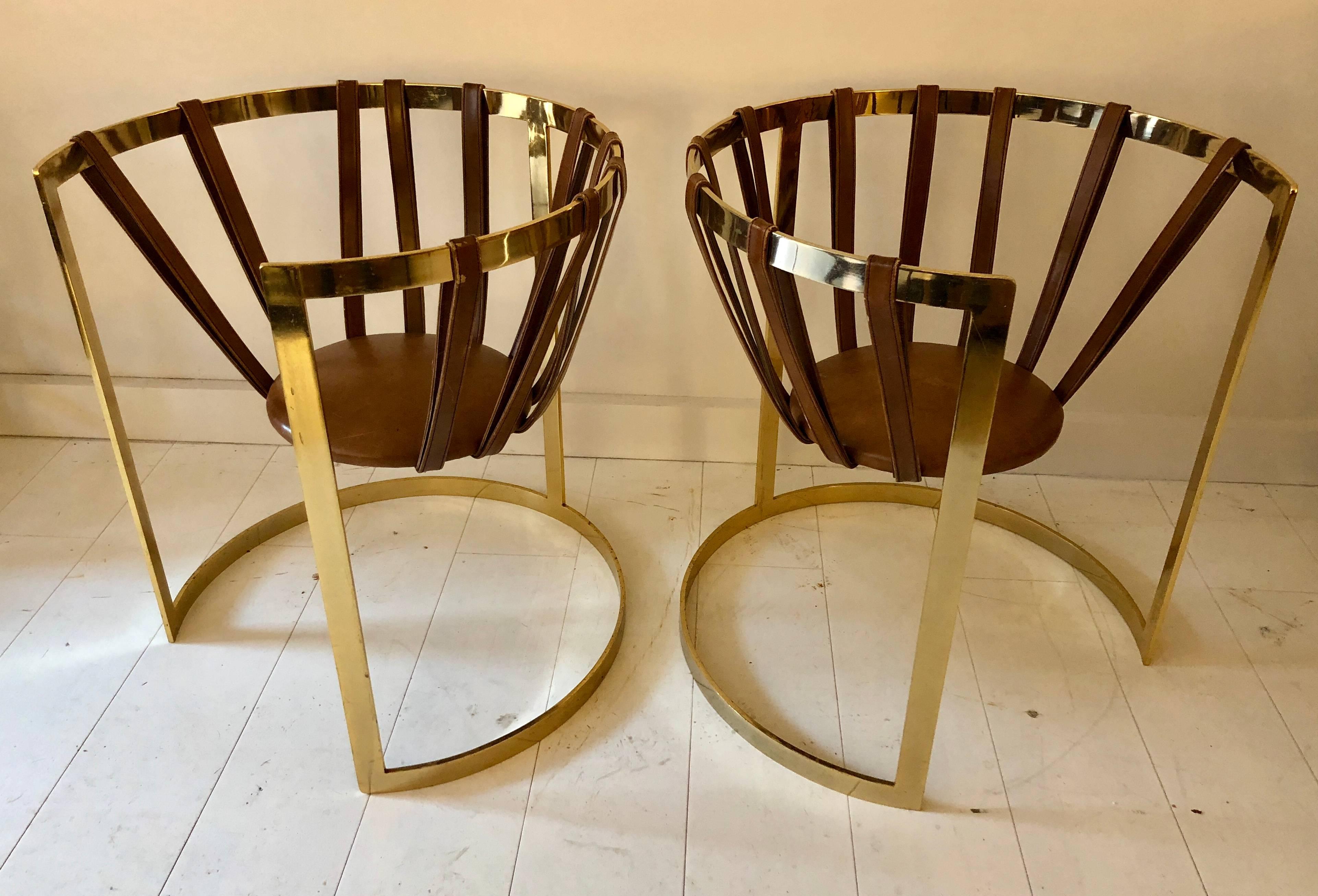 Late 20th Century Pair of Brass and Leather Sling Chairs