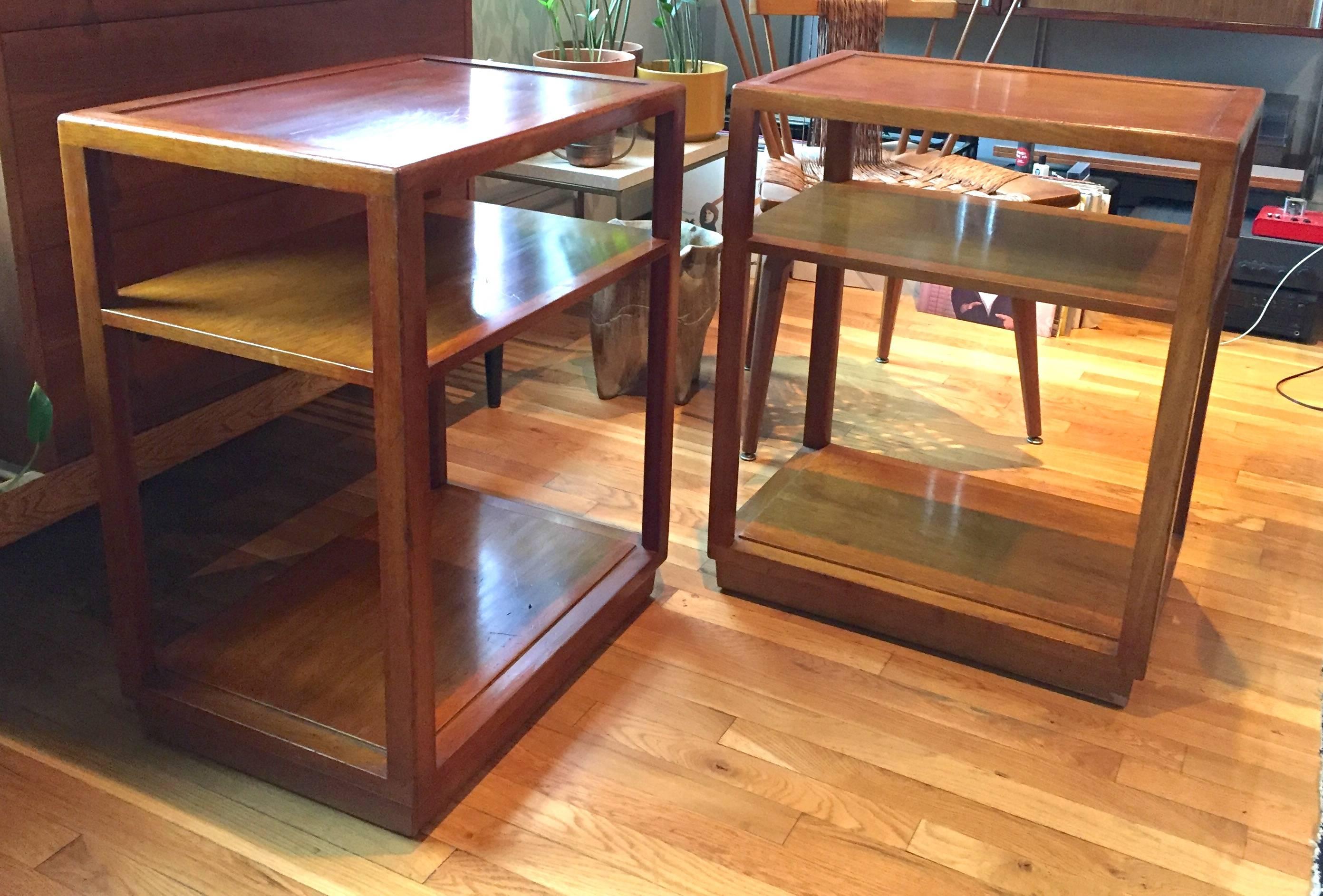 Classic and elegant 1940s-era mahogany tow-tier side tables special ordered in an extra-tall 28