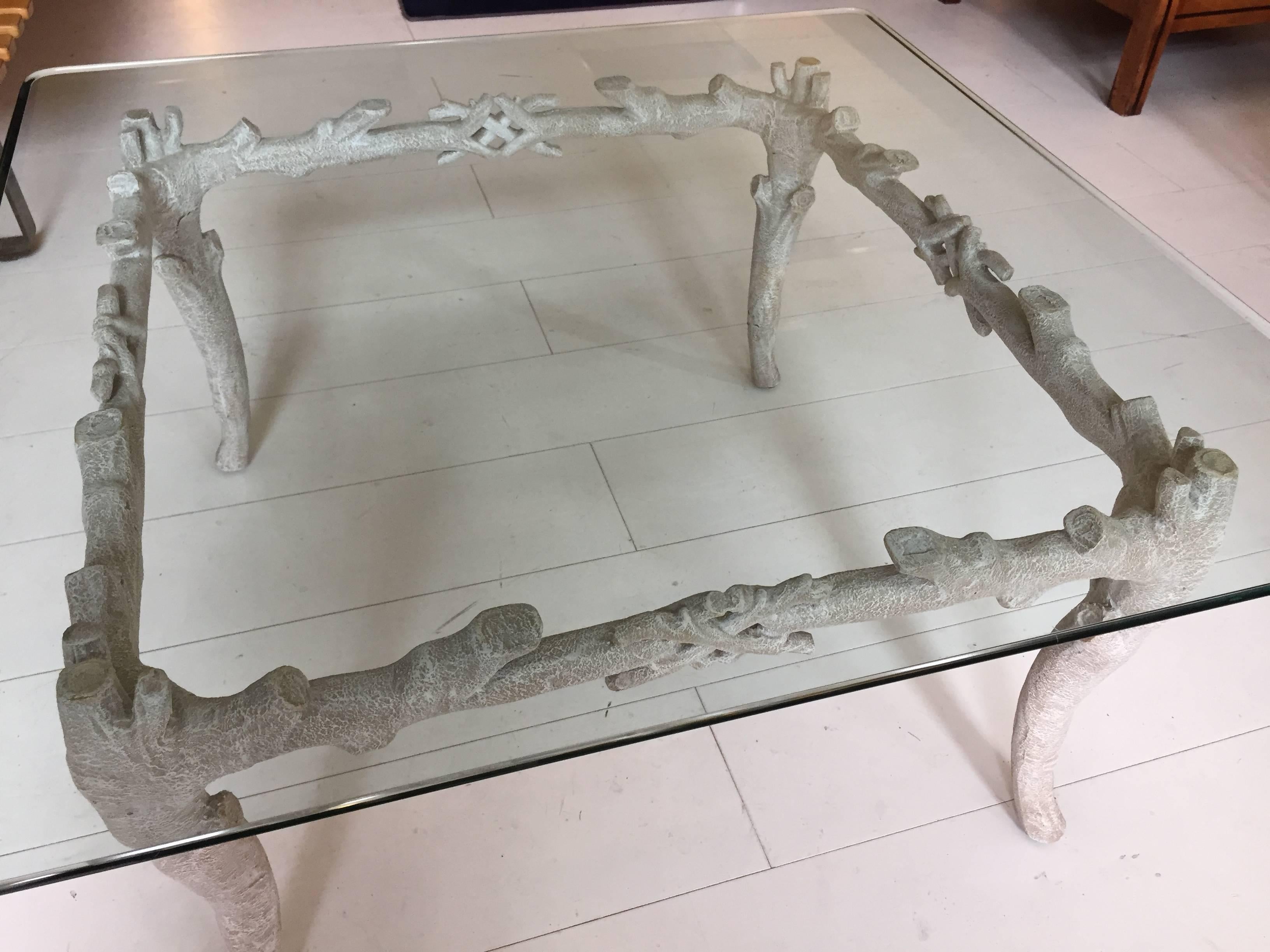 Cast aluminum faux bois frame with textured linen enamel finish and original 1