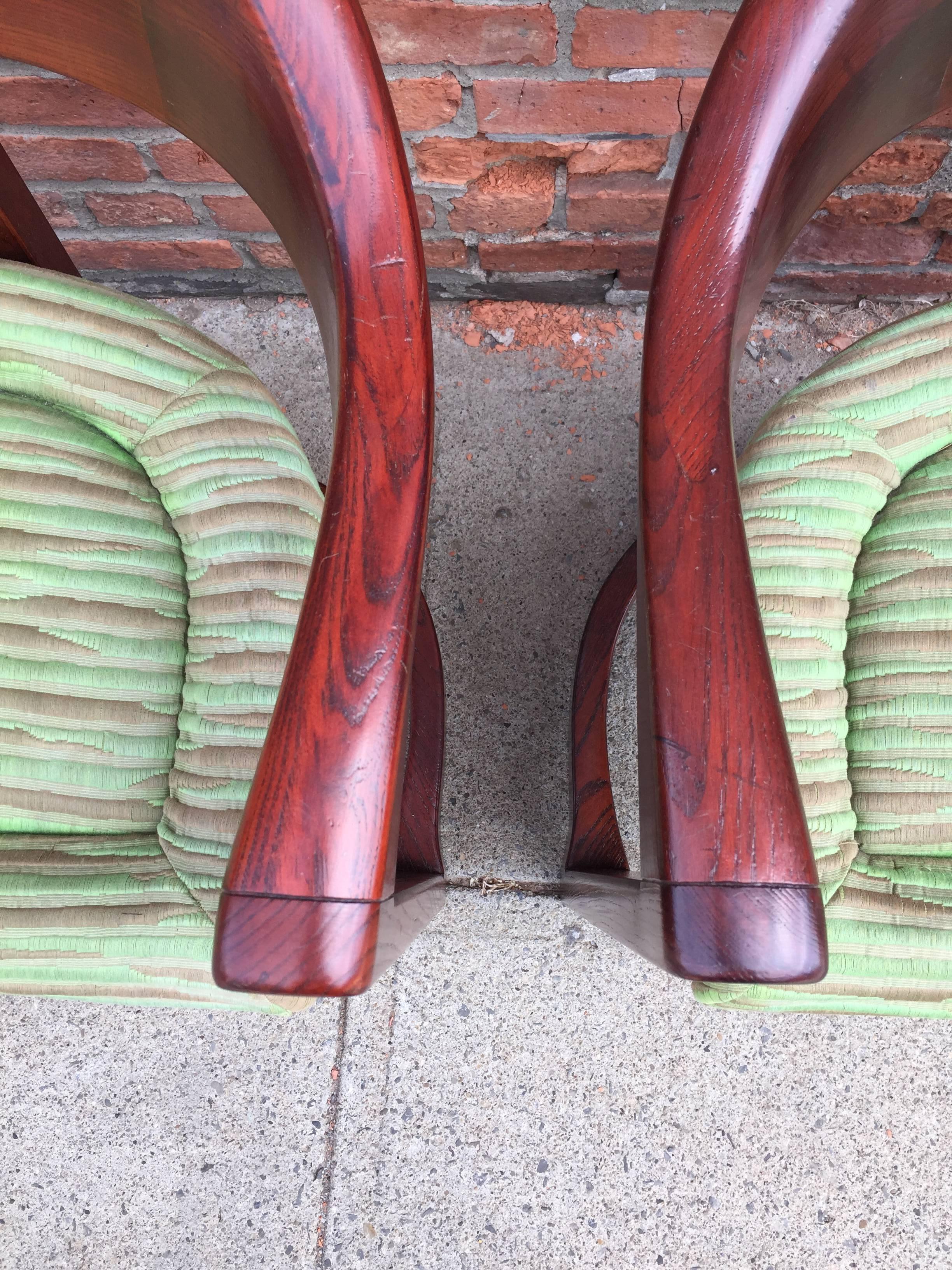 Carved Pair of Oak Onassis Chairs by Karl Springer