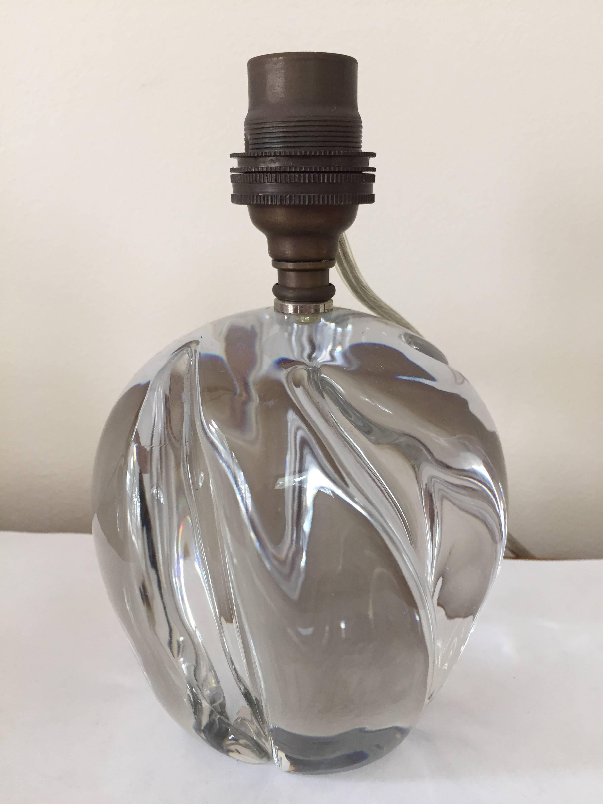 Sweet little clear crystal orb table lamps with molded surface contours. Wired in the French style from the back of socket. Item is 6.5"to top of socket.