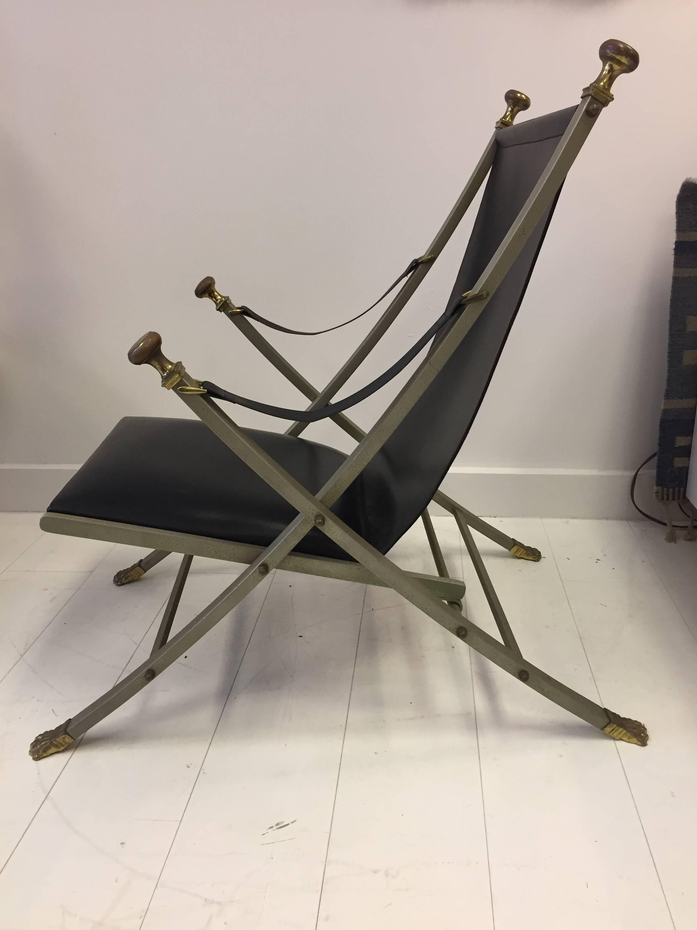 Molded Maison Jansen Steel, Bronze and Leather Campaign Chair