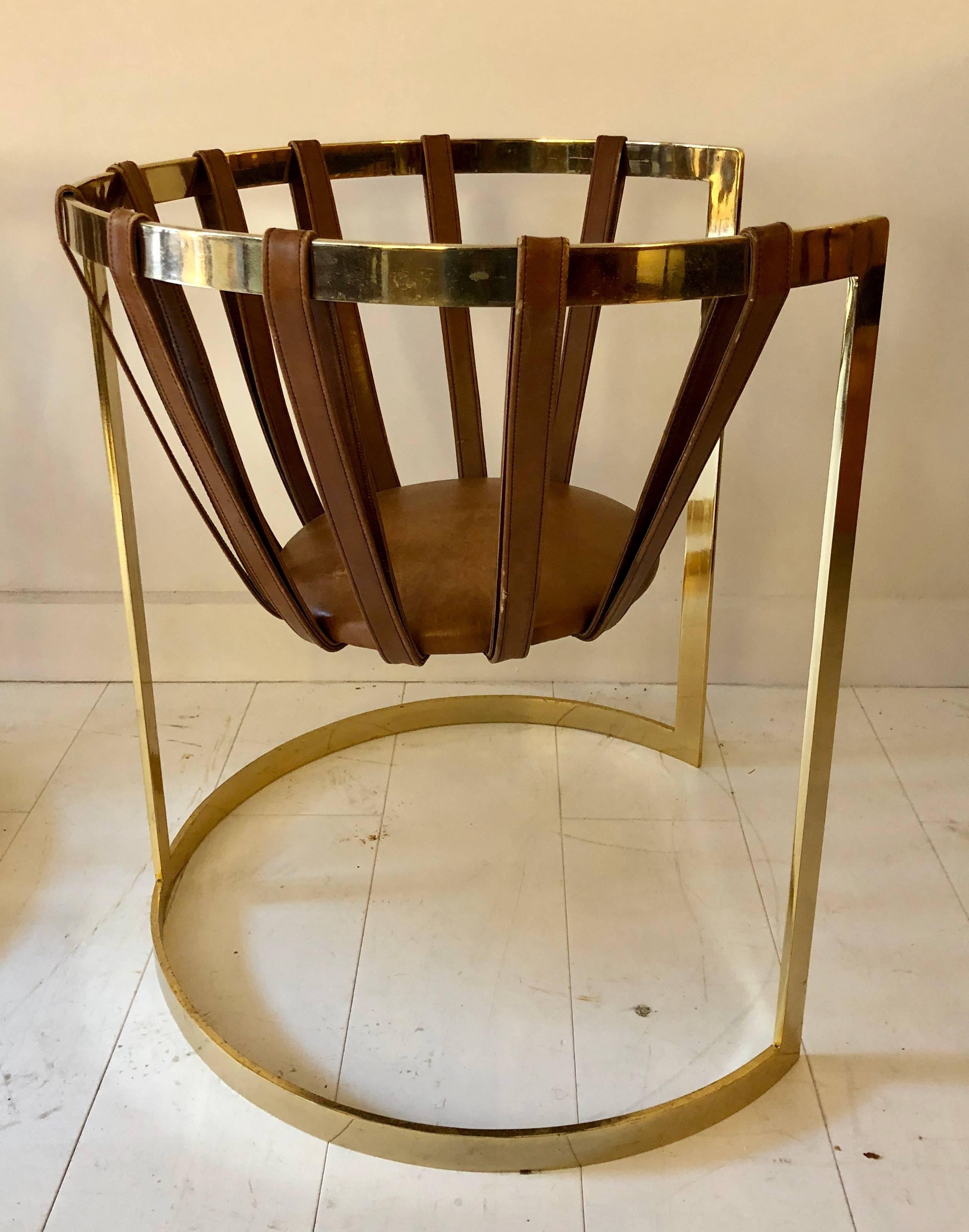 American Pair of Brass and Leather Sling Chairs