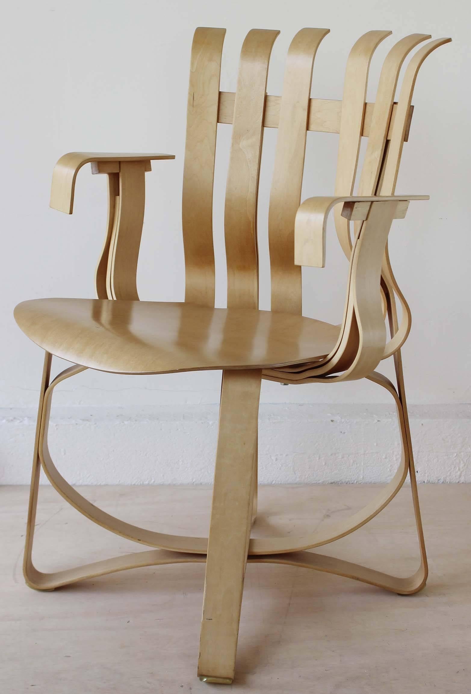 Inspired by the strength of apple crates he grew up with, in 1990 Frank Gehry designed this uniquely beautiful bentwood chair for Knoll.