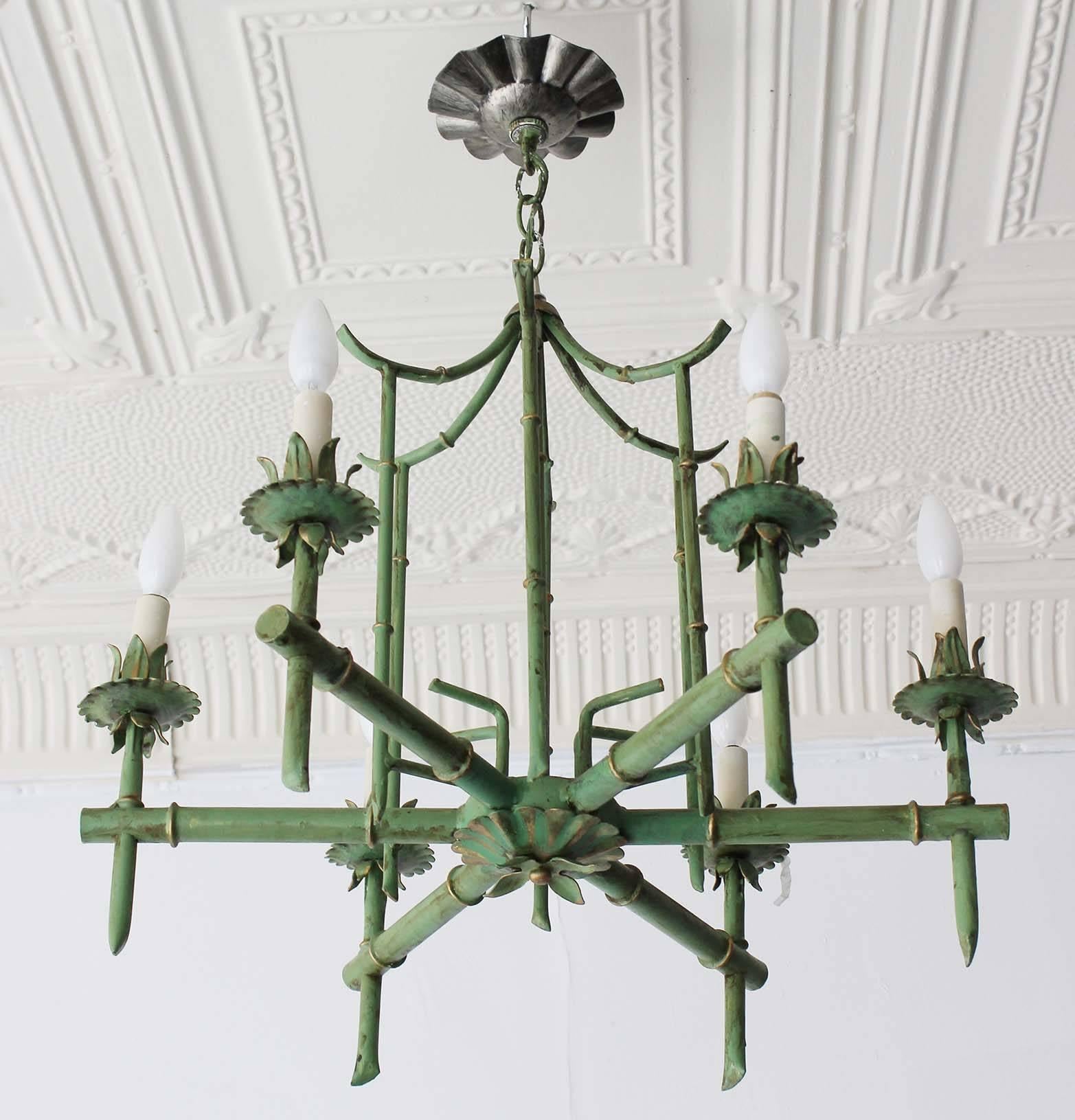 A charming Italian midcentury chinoiserie faux bamboo chandelier, vintage green. 

Measure: Fixture is 21 inches high.