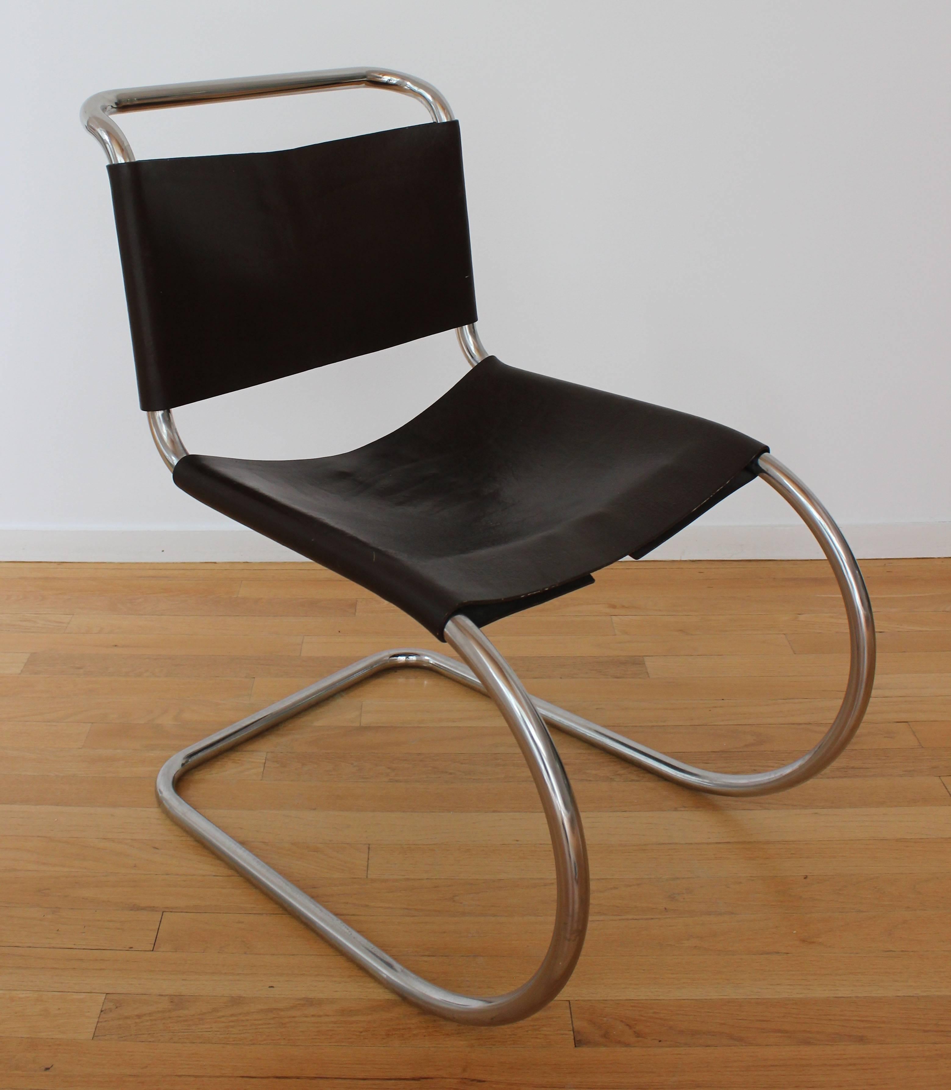 Classic set of tubular chrome MR chairs, originally designed in 1927, by Ludwig Mies van der Rohe in vintage original chocolate brown leather.

Original owner bought from Knoll, 1973.

Complimentary delivery within 30 miles.