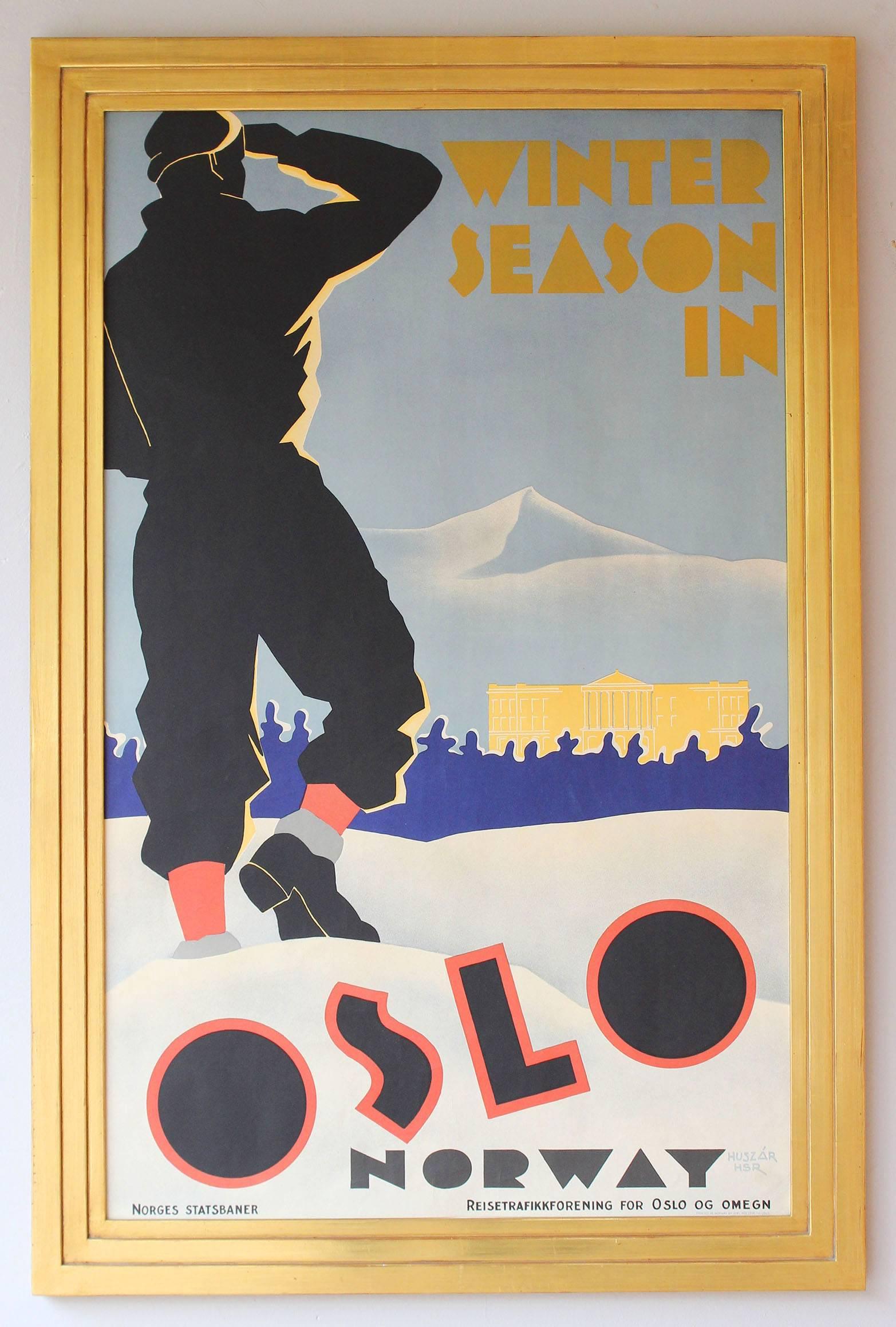 A 1930's screen printed Oslo ski poster by Huszar, in gilded wood frame.

