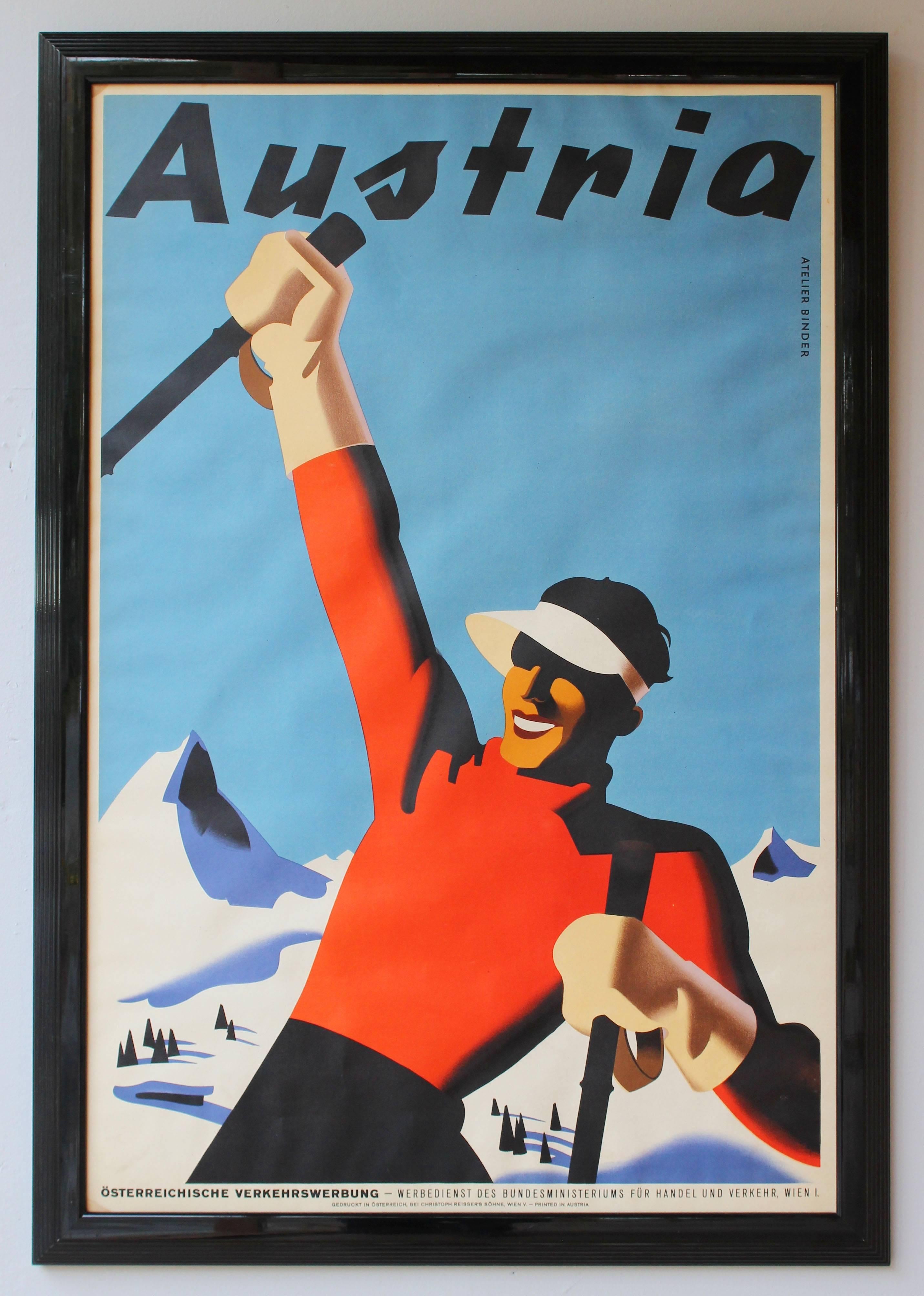 A screen printed 1930's Austrian ski poster by Atelier Binder. Black wood frame and plexiglass covered. 