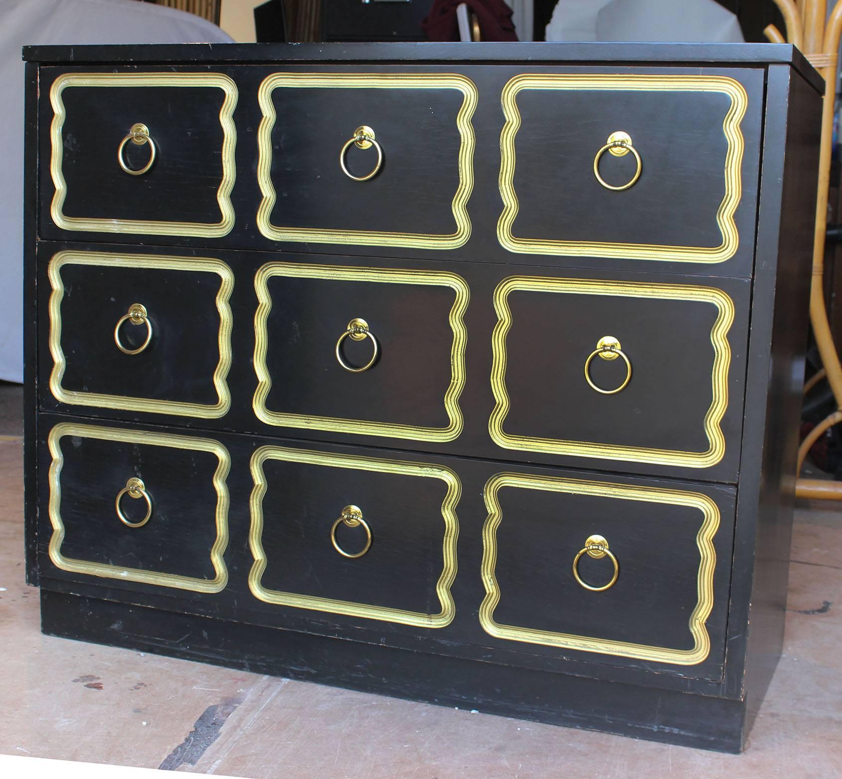The classic Dorothy Draper Espana chest with brass pulls, in vintage original finish.

complementary shipping within 30 miles.
