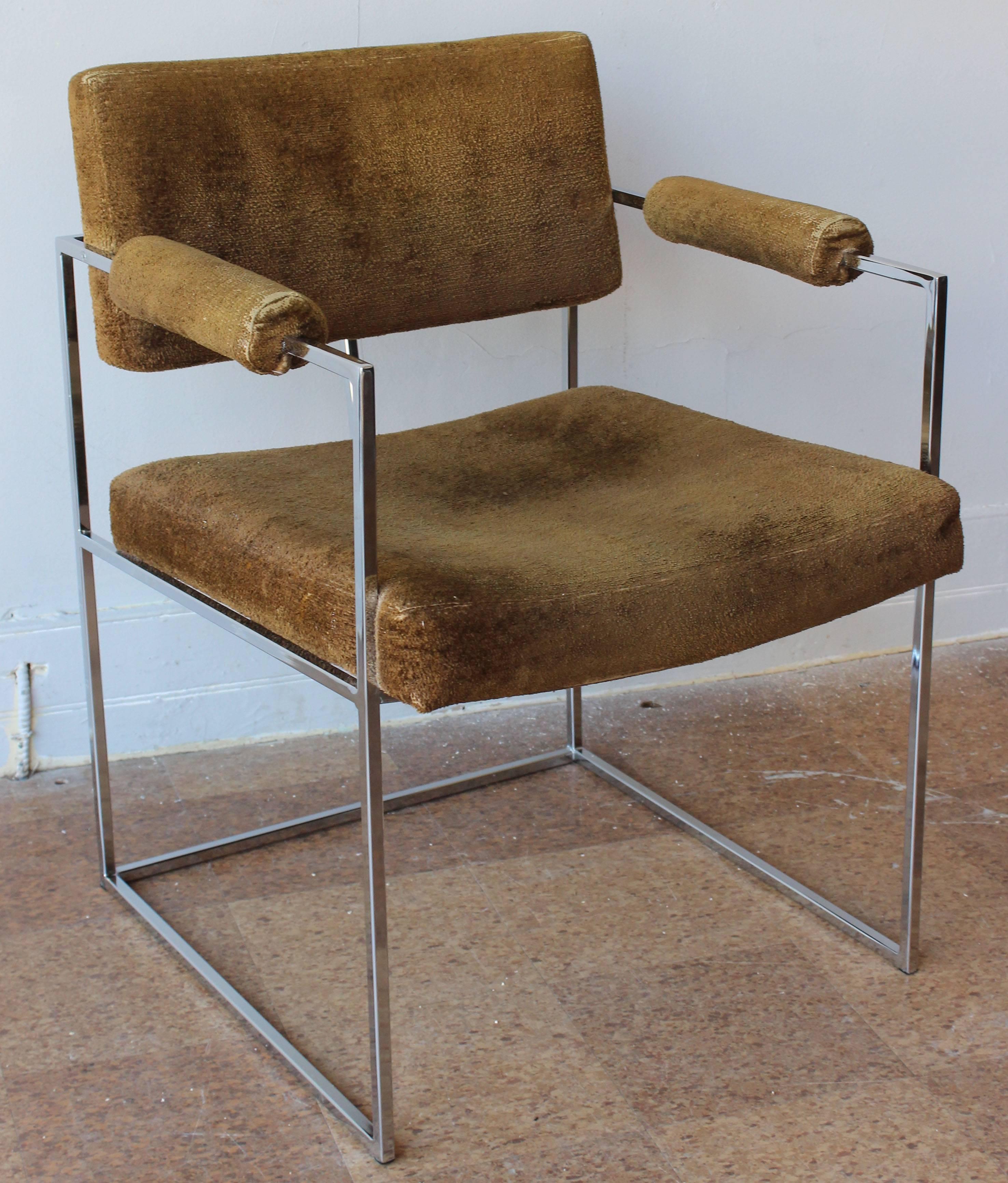 A pair of tubular chrome square frame chairs in original upholstery, designed by Milo Baughman for Thayer Coggin.